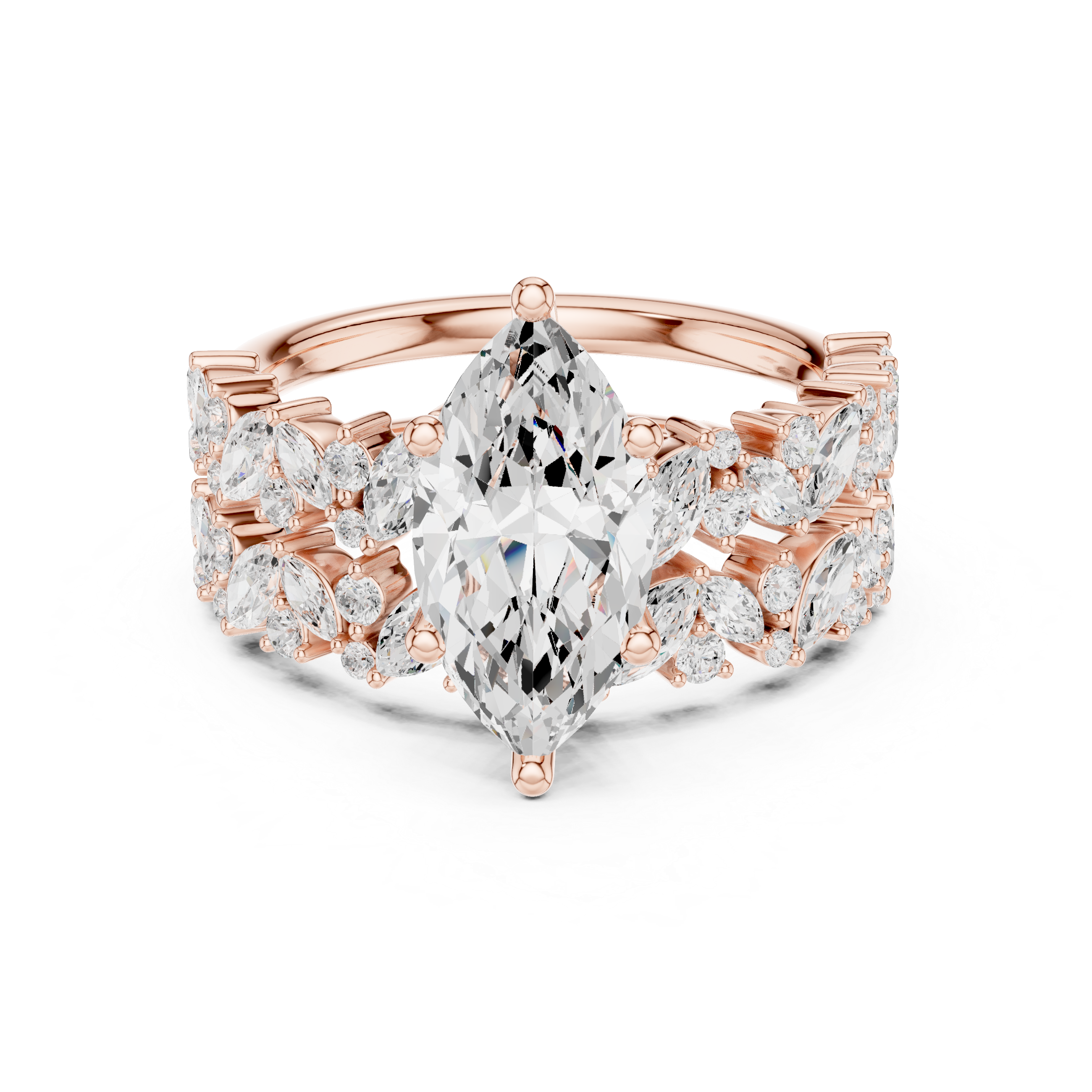 Marquise Cut Diamond Bridal Ring Set with Floral Accent Wedding Bands