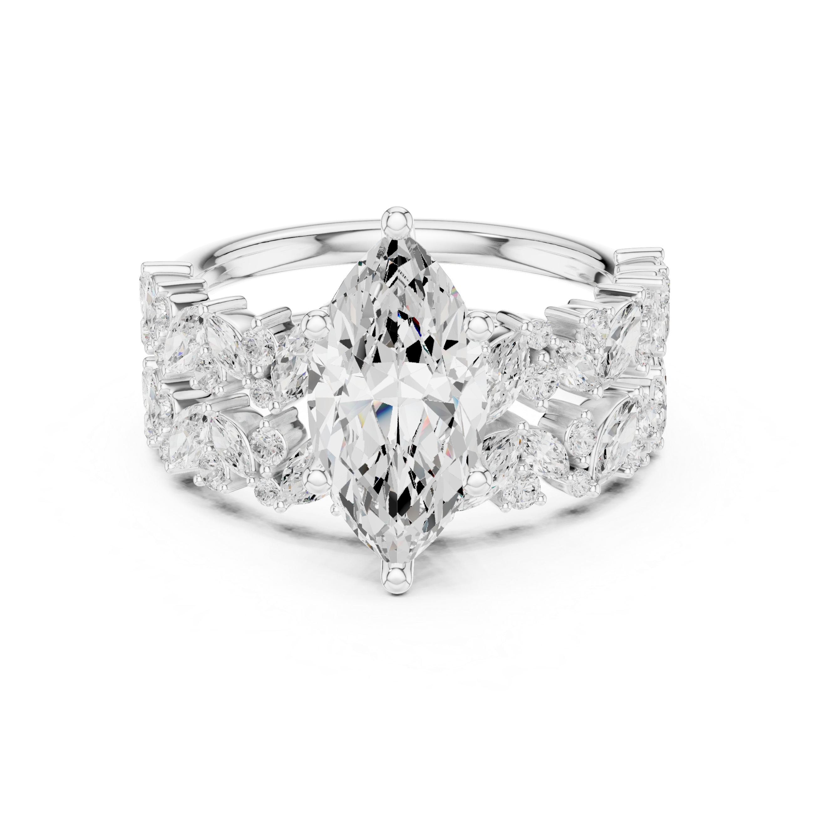 Marquise Cut Diamond Bridal Ring Set with Floral Accent Wedding Bands