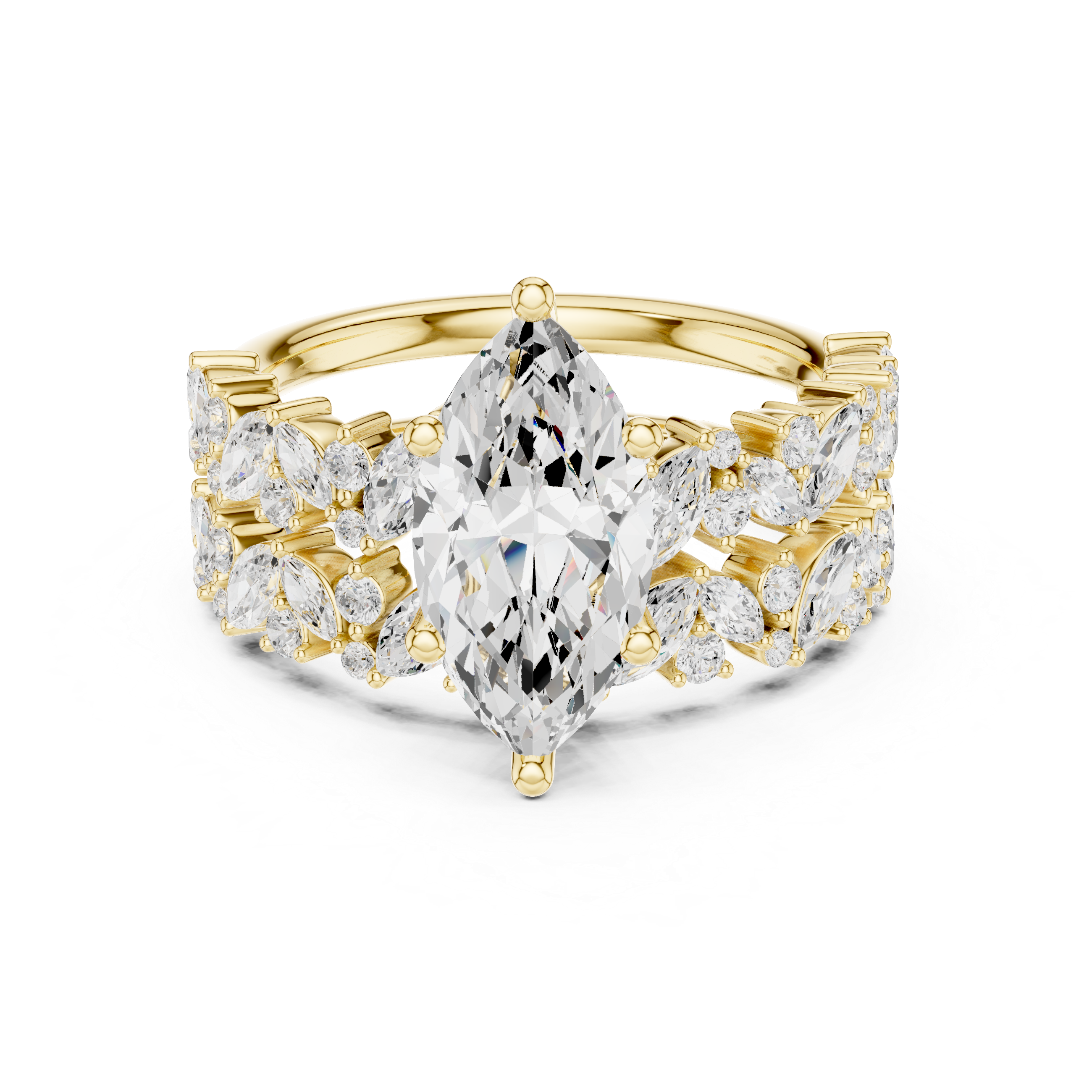 Marquise Cut Diamond Bridal Ring Set with Floral Accent Wedding Bands