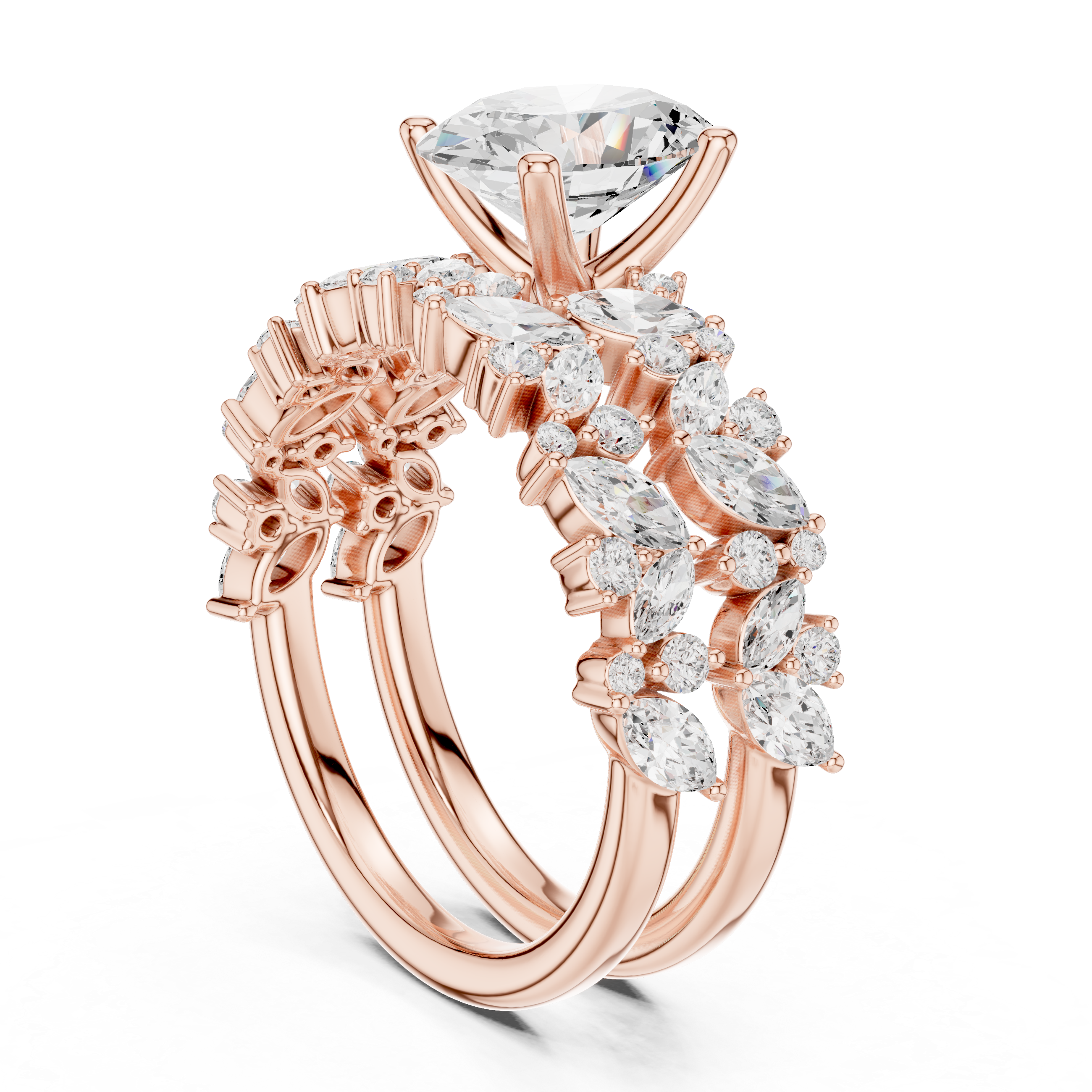 Oval Cut Diamond Bridal Ring Set with Marquise Accent Wedding Bands