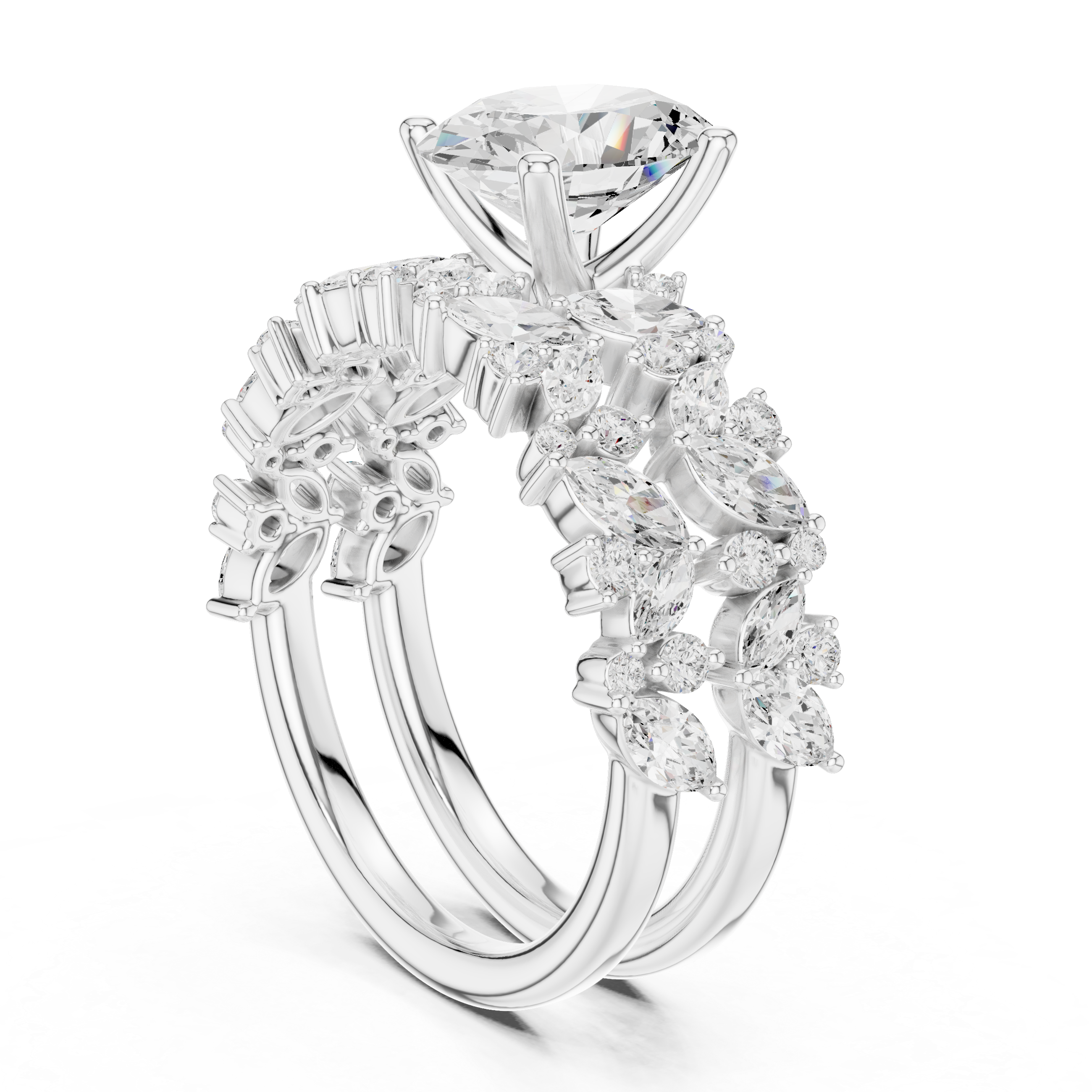 Oval Cut Diamond Bridal Ring Set with Marquise Accent Wedding Bands