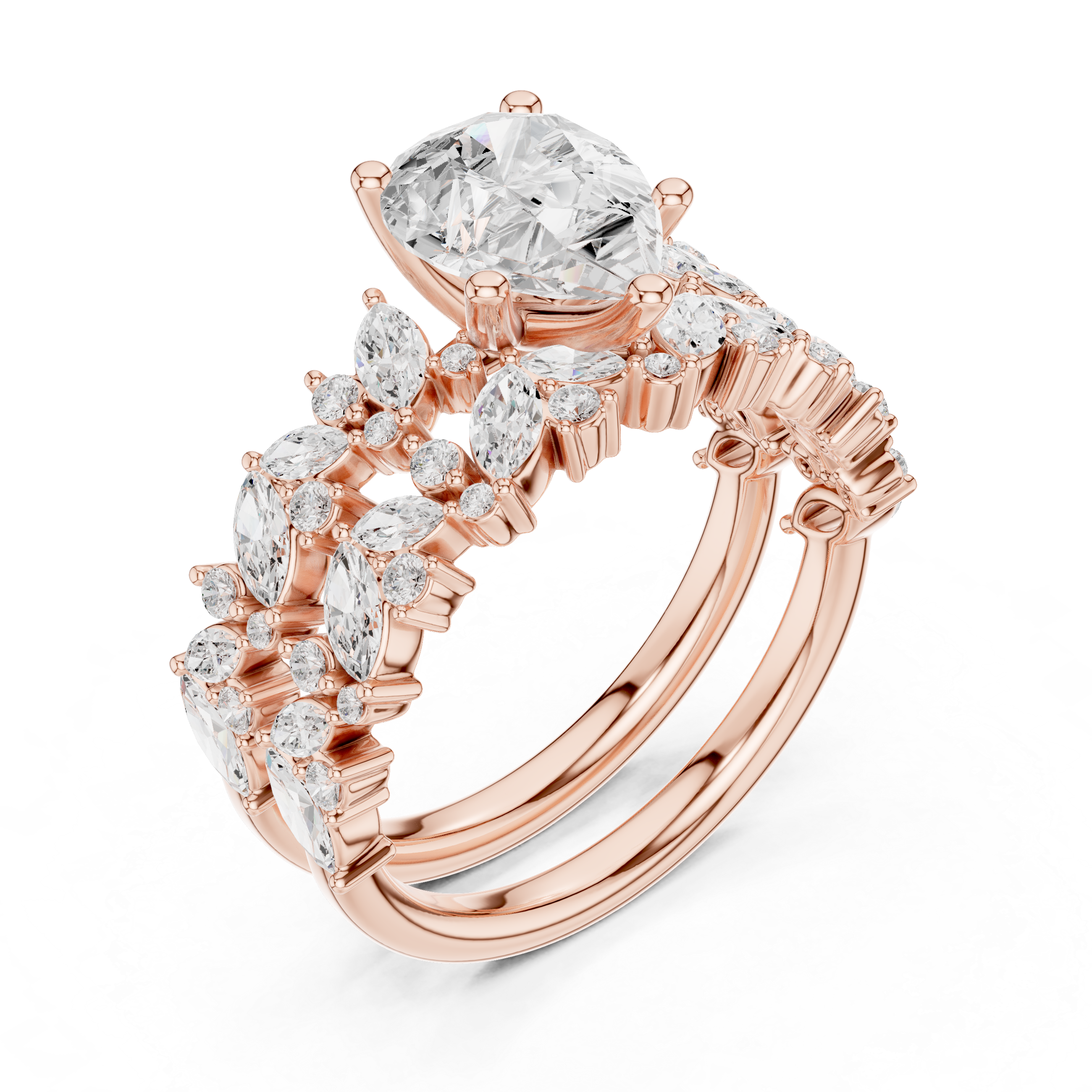 Pear Cut Diamond Bridal Ring Set with Marquise Accent Wedding Bands