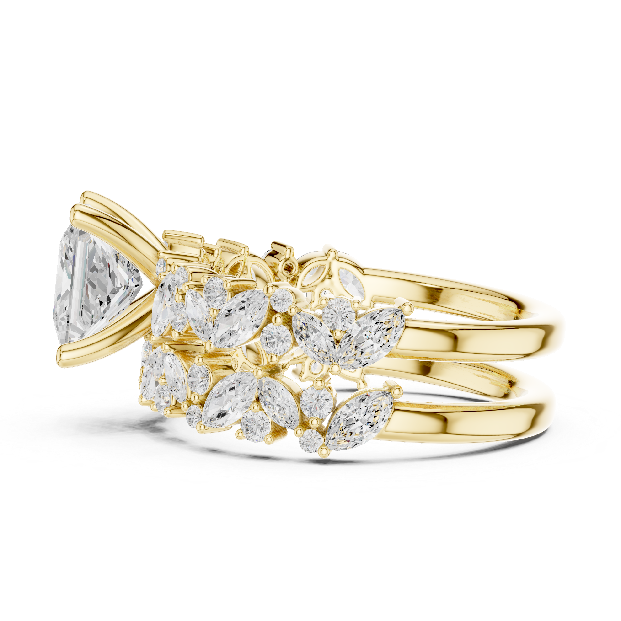 Princess Cut Diamond Bridal Ring Set with Marquise Accent Wedding Bands