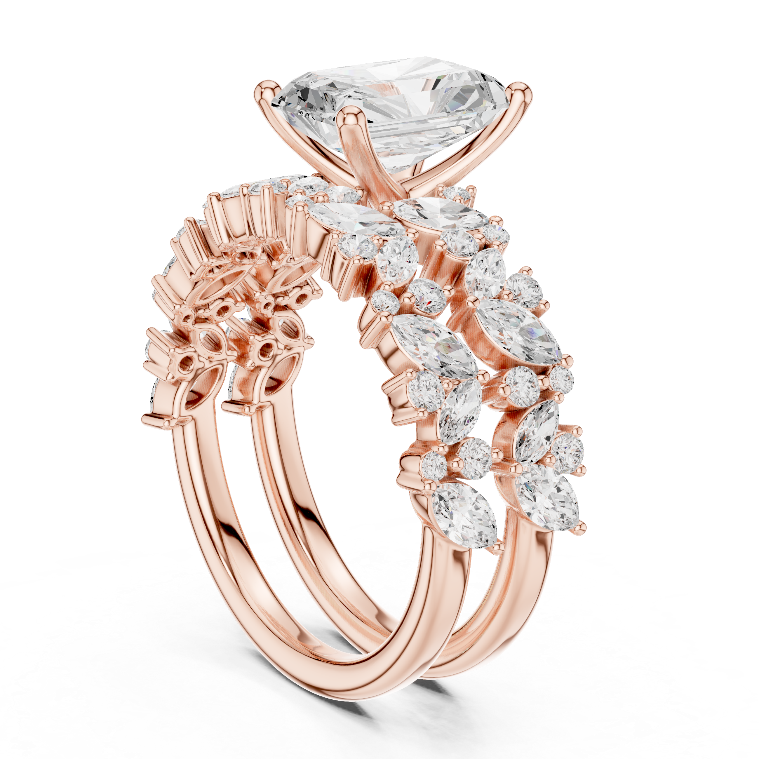 Radiant Cut Diamond Bridal Ring Set with Marquise Diamond Wedding Bands