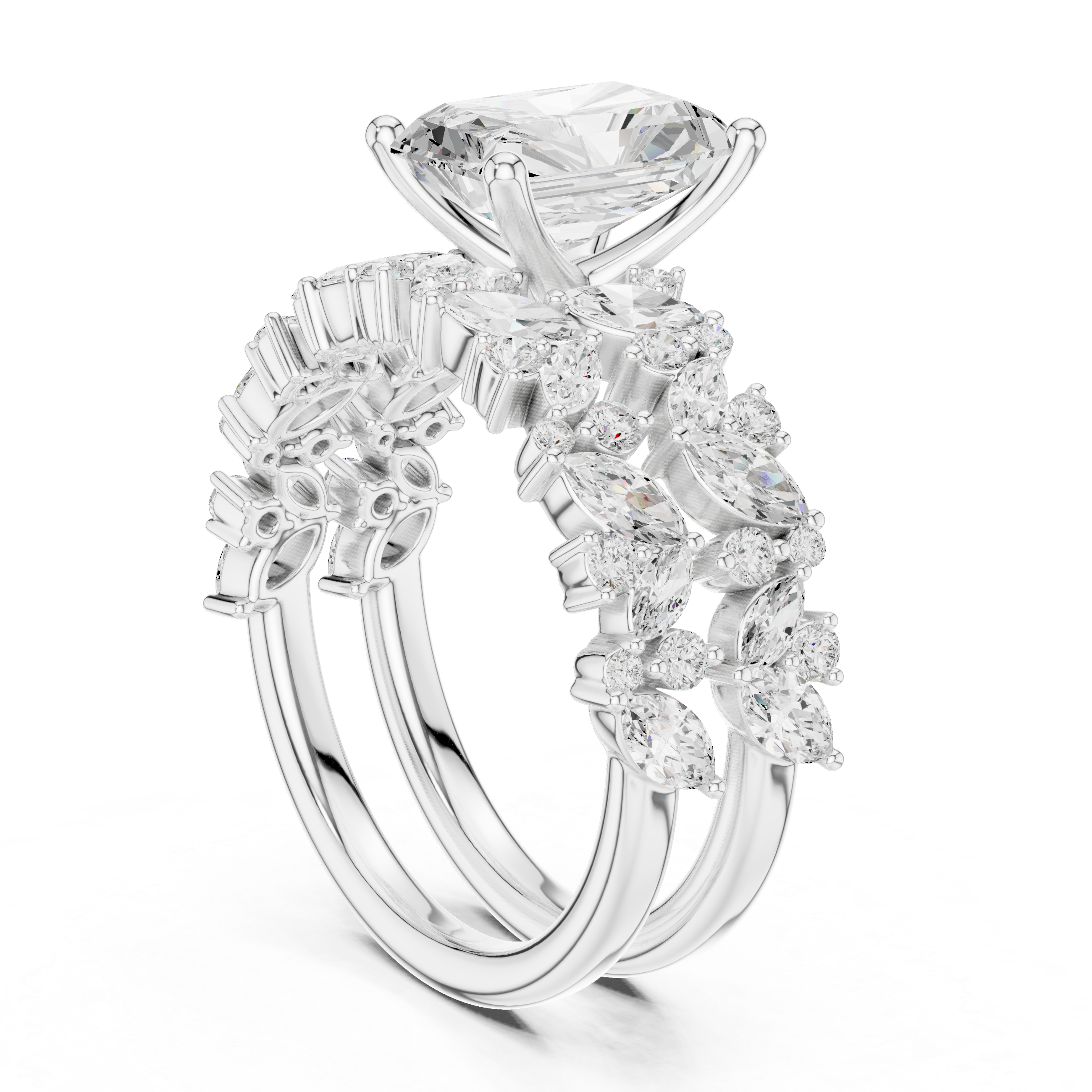 Radiant Cut Diamond Bridal Ring Set with Marquise Diamond Wedding Bands