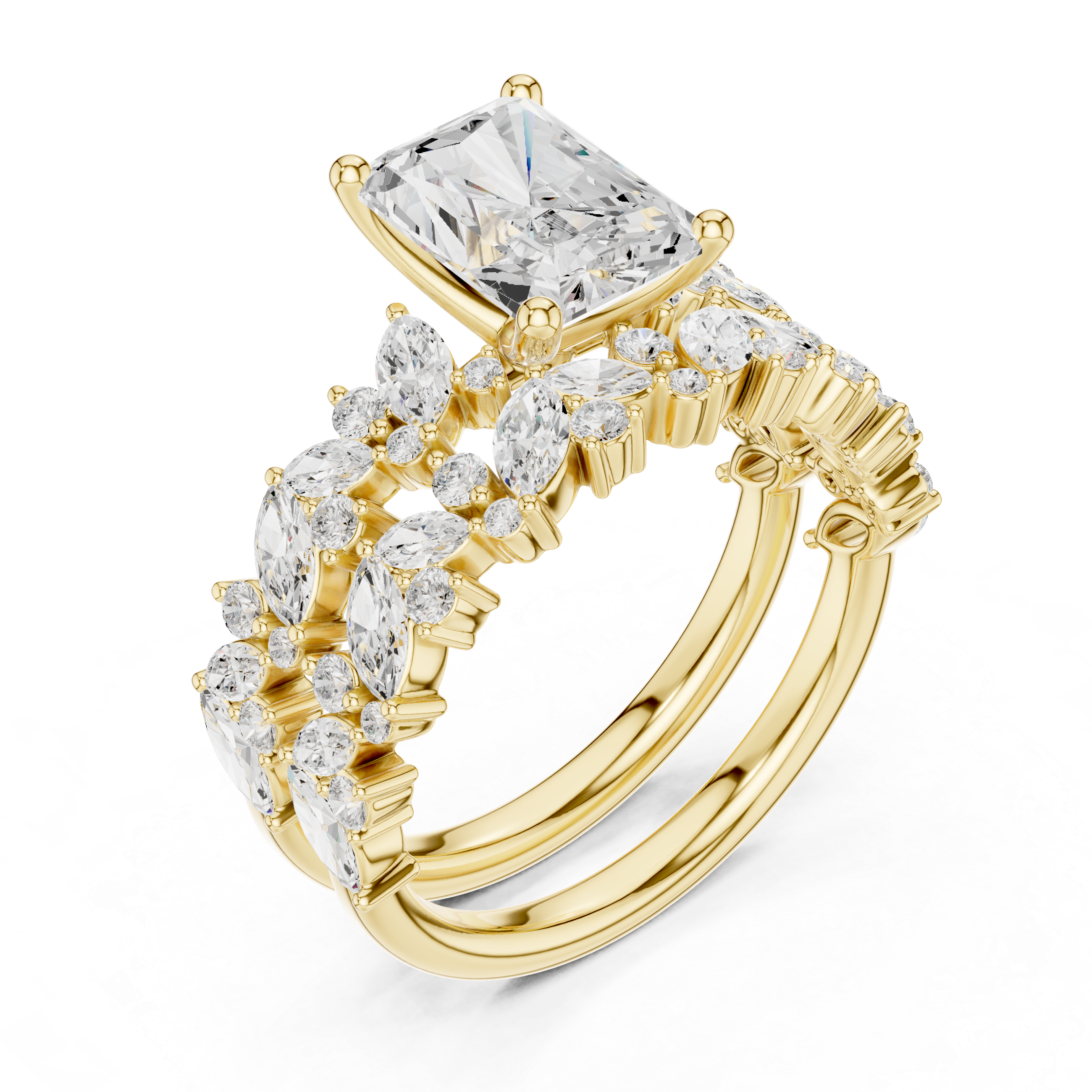 Radiant Cut Diamond Bridal Ring Set with Marquise Diamond Wedding Bands