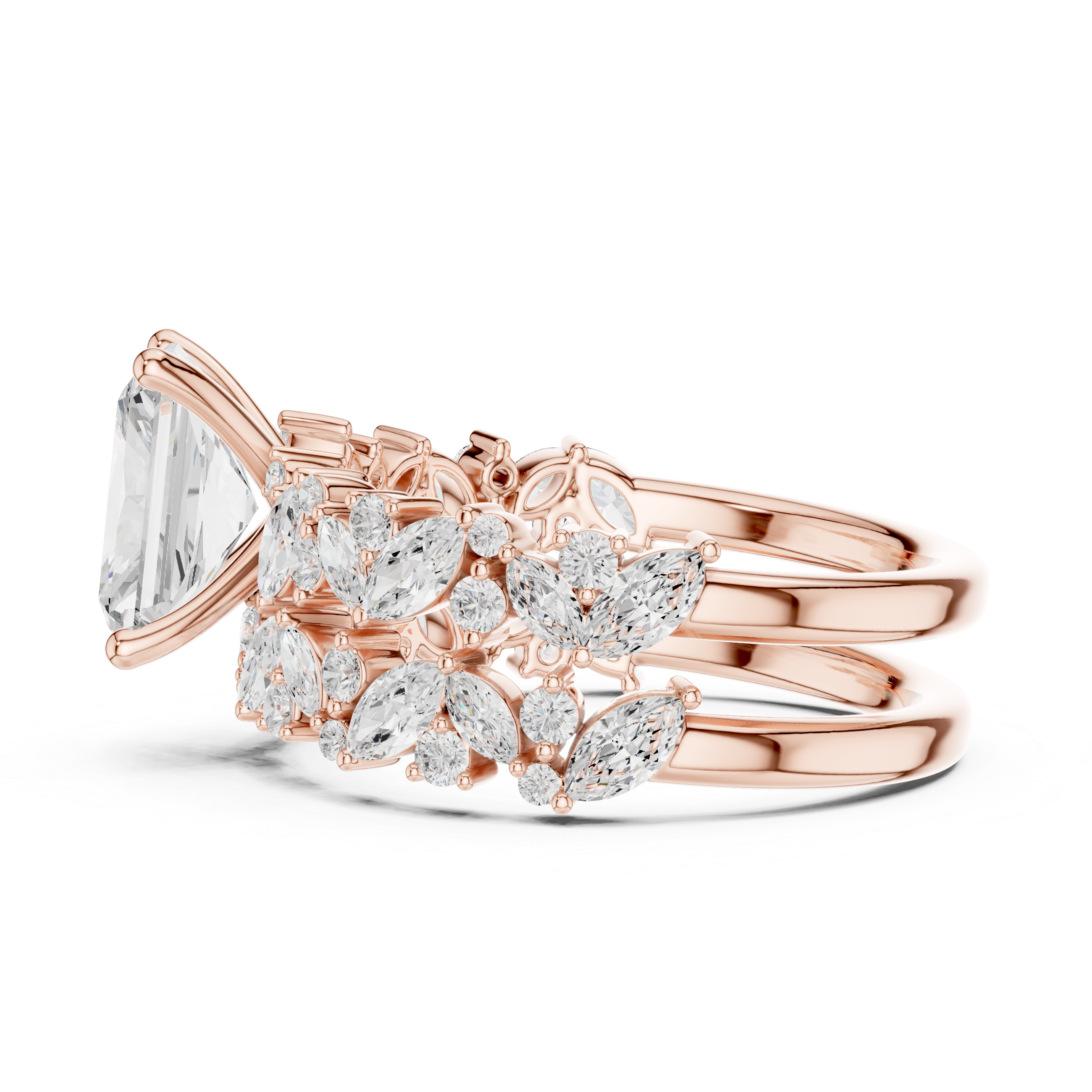 Radiant Cut Diamond Bridal Ring Set with Marquise Diamond Wedding Bands