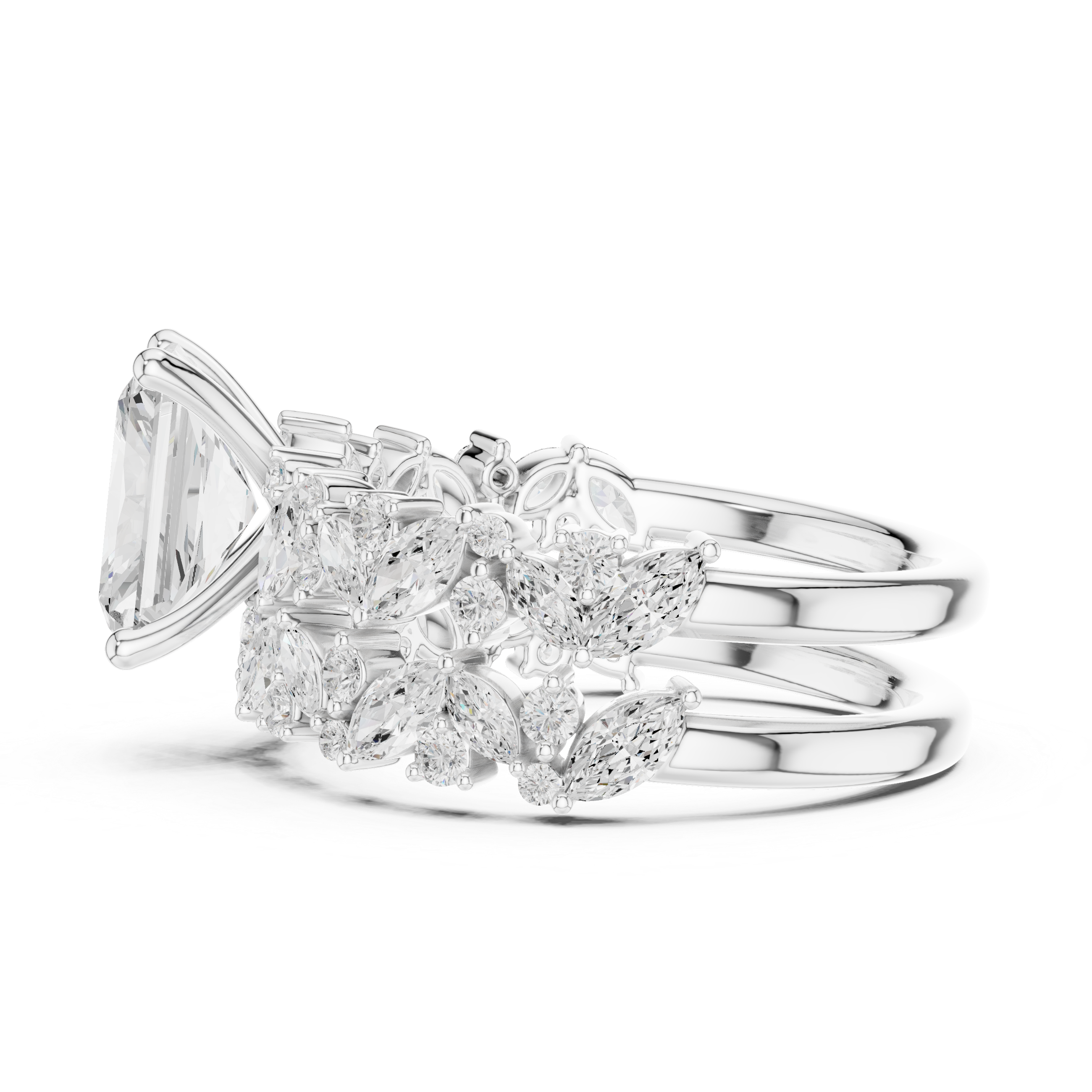 Radiant Cut Diamond Bridal Ring Set with Marquise Diamond Wedding Bands