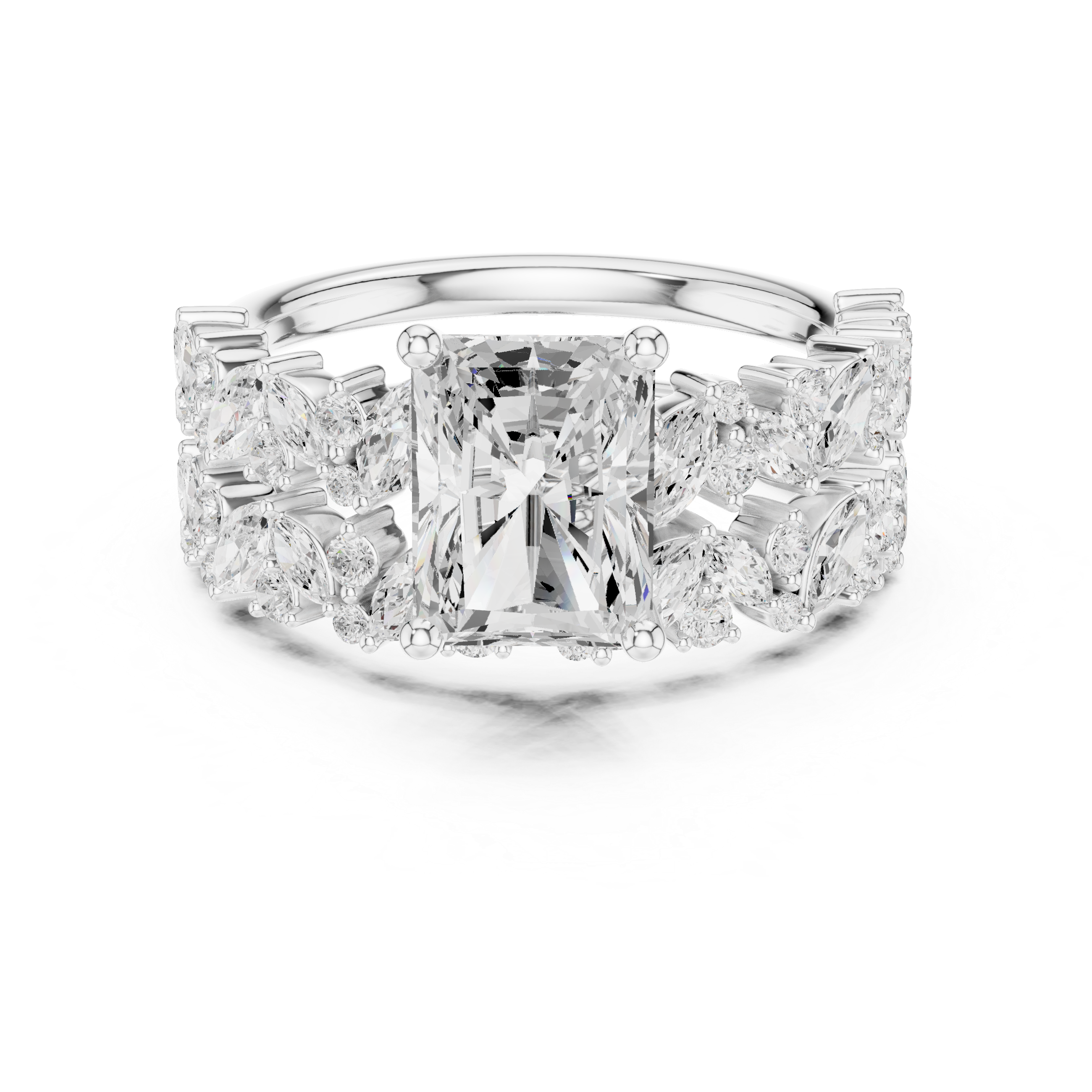 Radiant Cut Diamond Bridal Ring Set with Marquise Diamond Wedding Bands