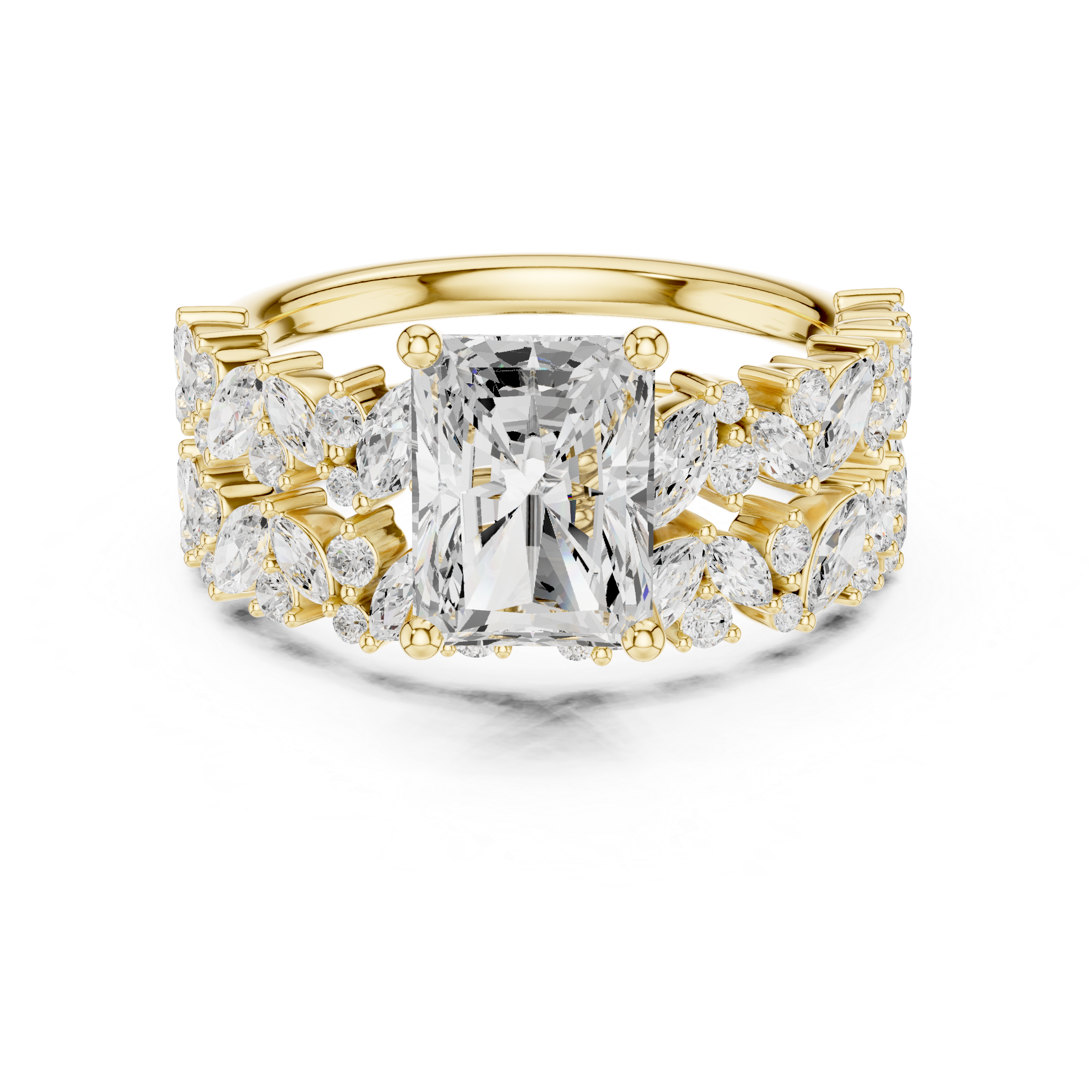 Radiant Cut Diamond Bridal Ring Set with Marquise Diamond Wedding Bands