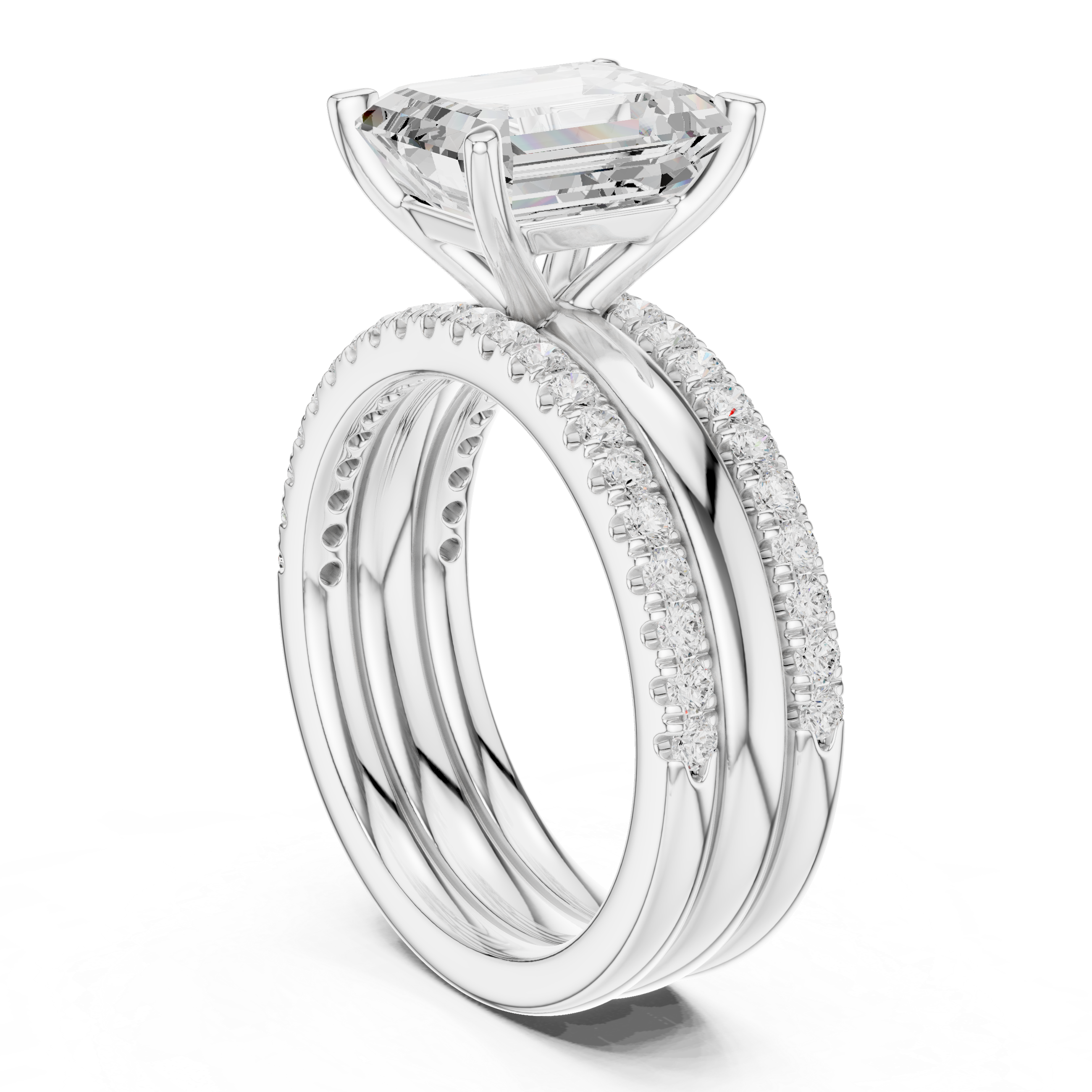 Emerald Cut Diamond Bridal Ring Set with Double Pavé Bands