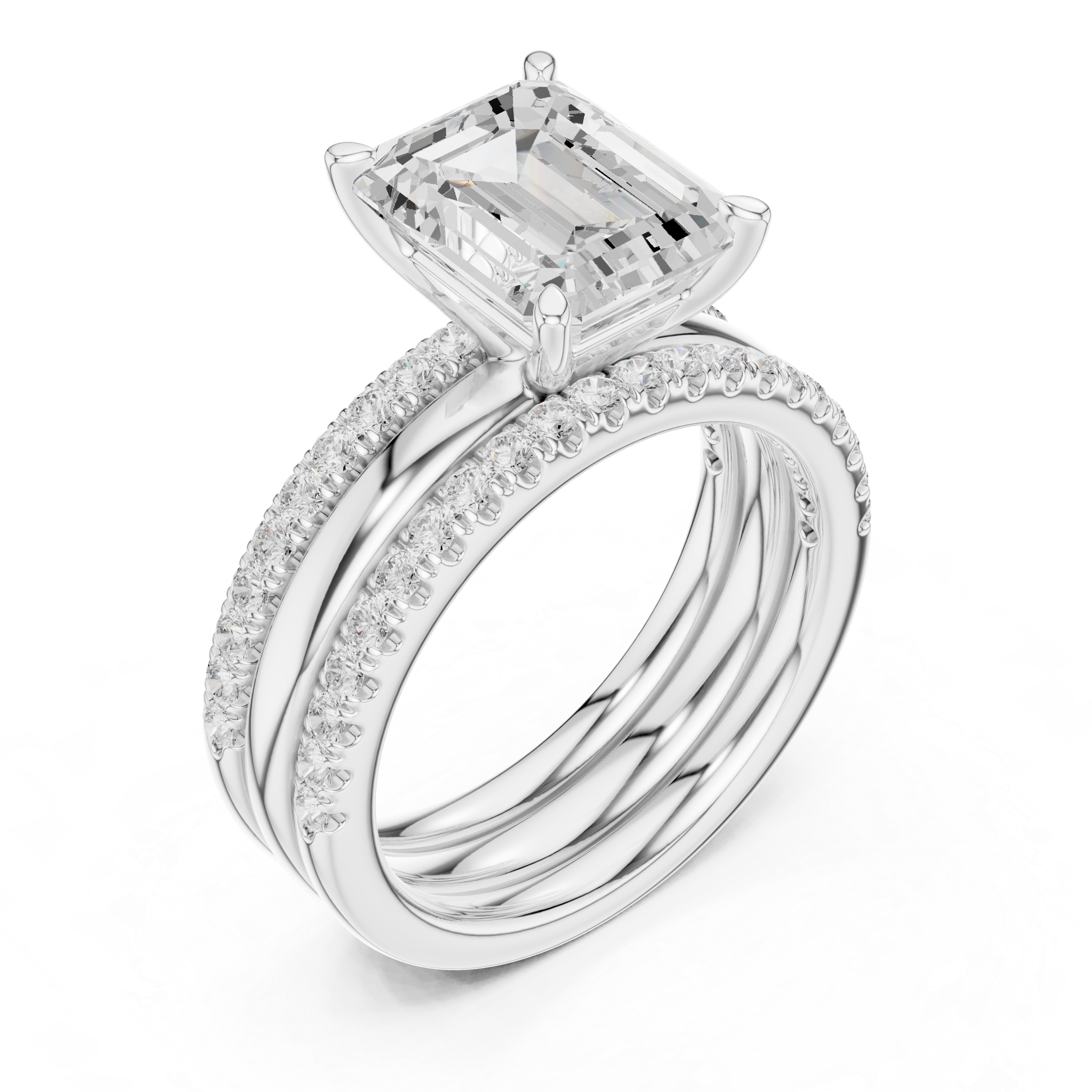 Emerald Cut Diamond Bridal Ring Set with Double Pavé Bands