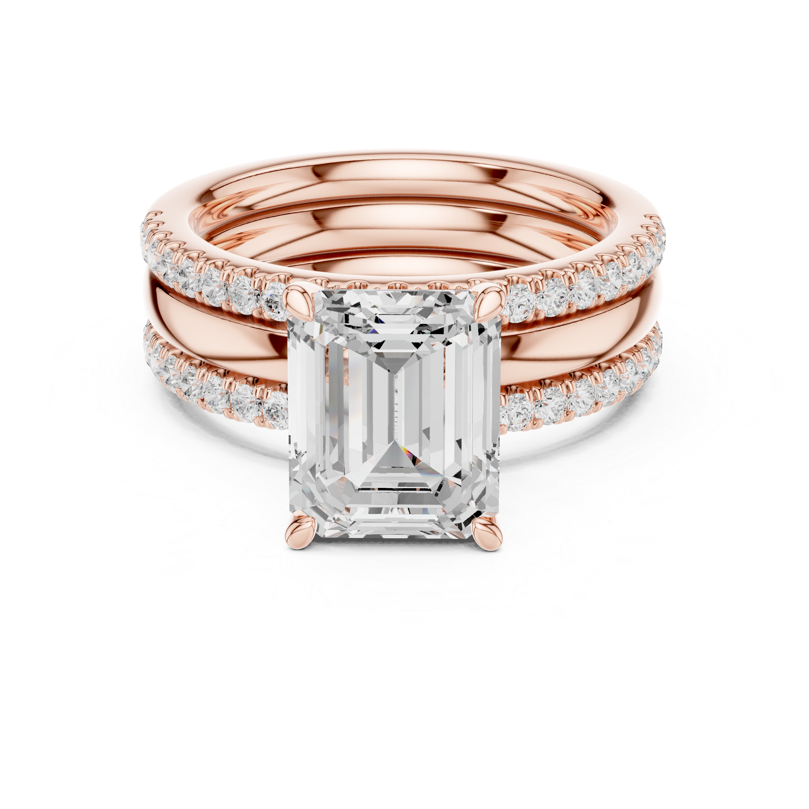 Emerald Cut Diamond Bridal Ring Set with Double Pavé Bands
