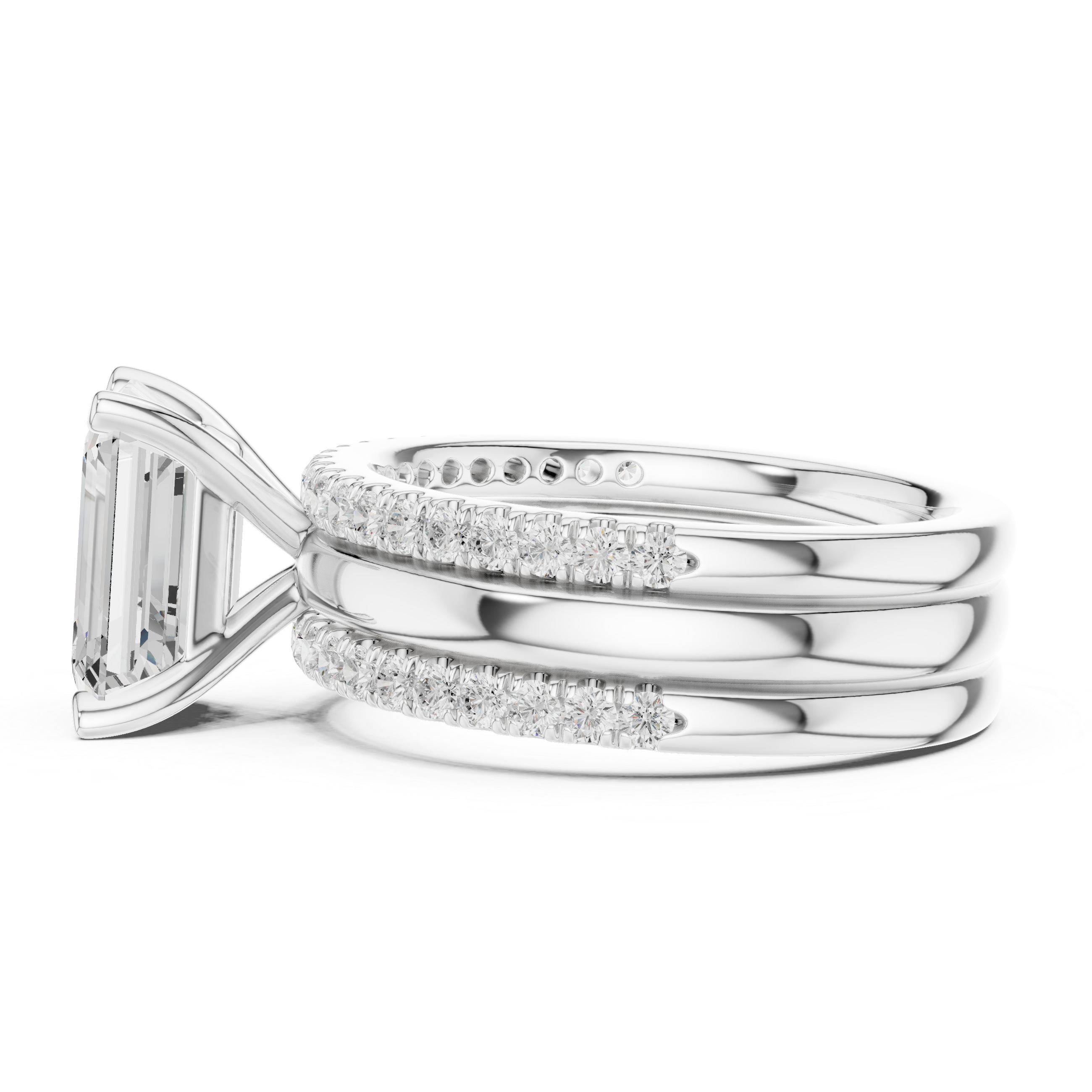 Emerald Cut Diamond Bridal Ring Set with Double Pavé Bands