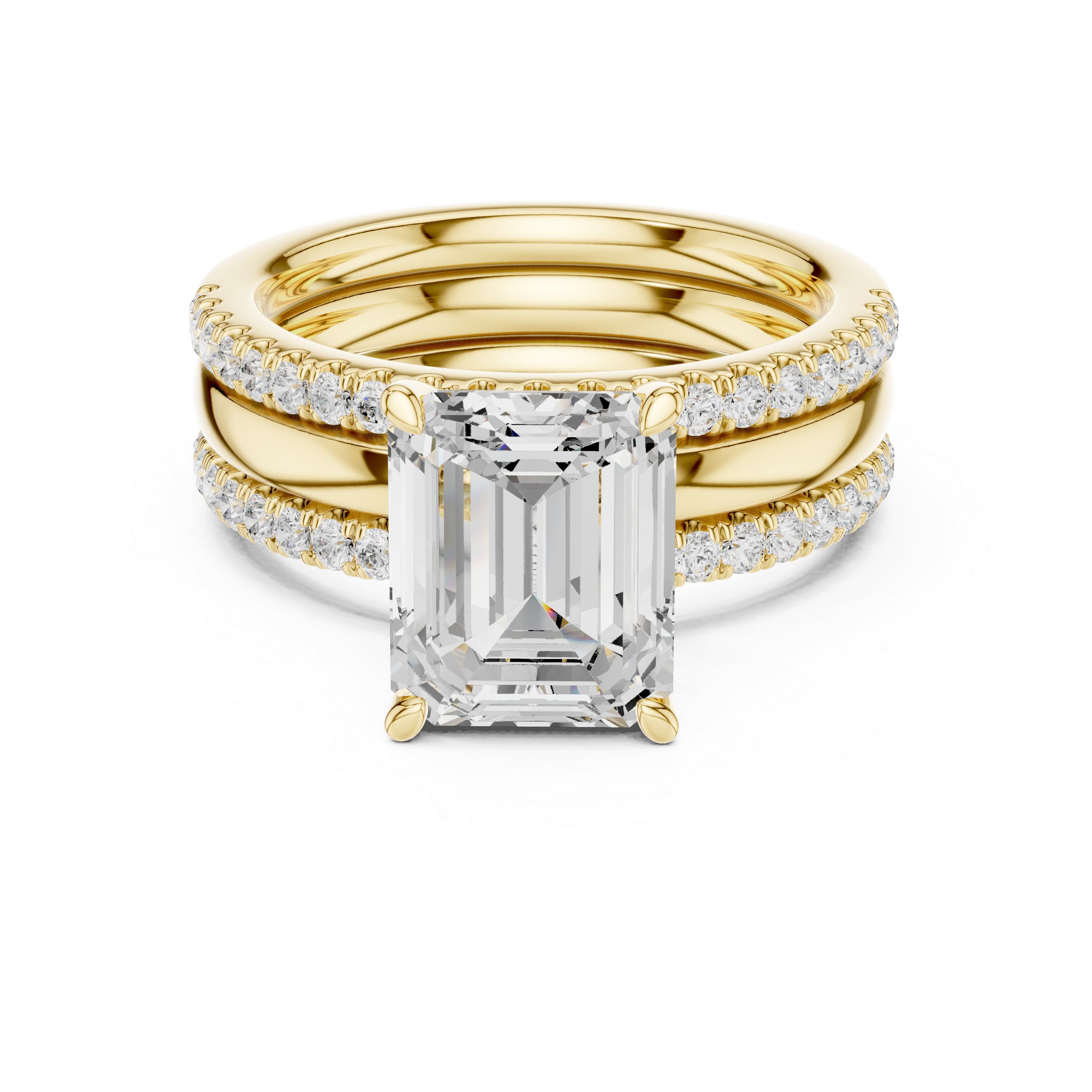 Emerald Cut Diamond Bridal Ring Set with Double Pavé Bands