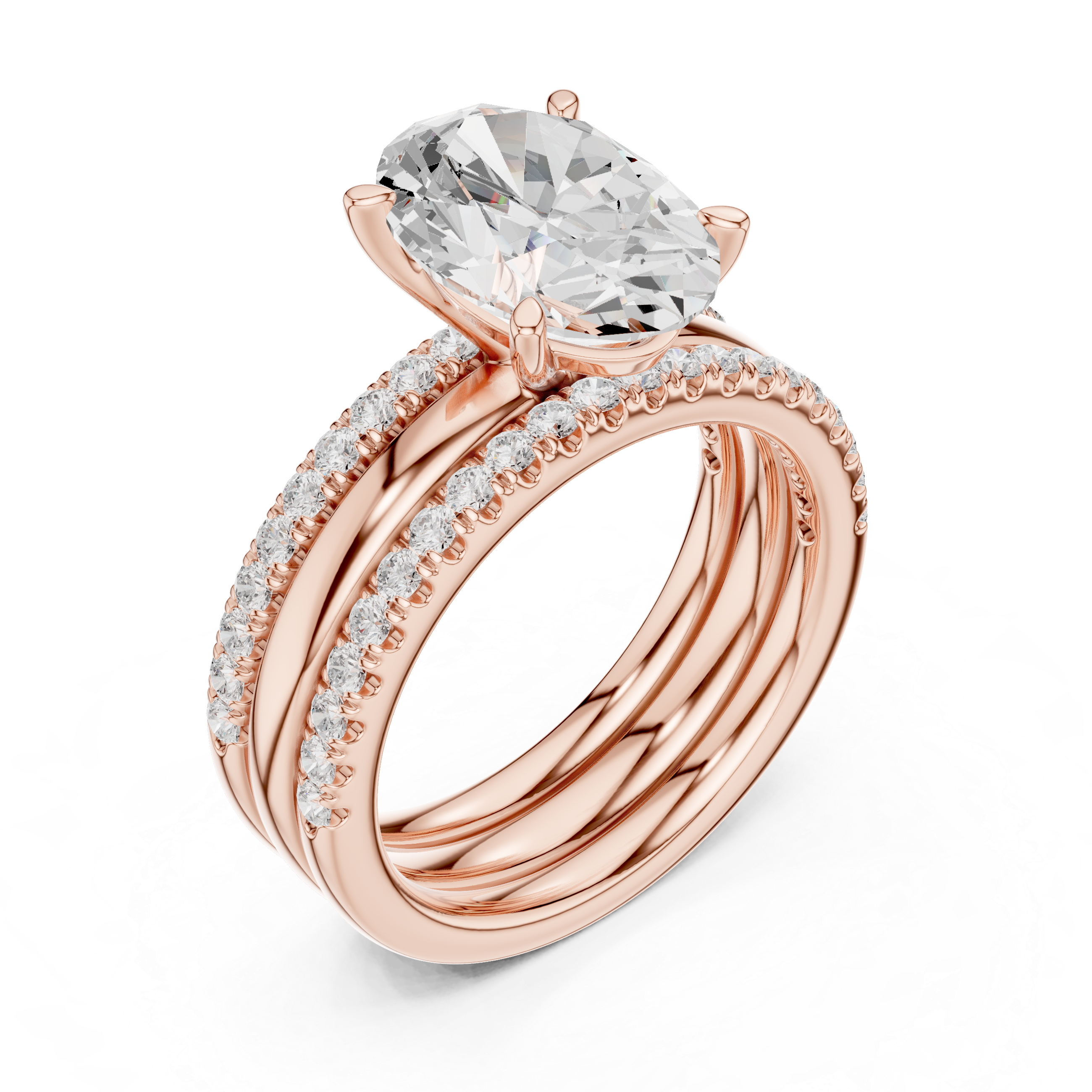 Oval Cut Diamond Bridal Ring Set with Double Pavé Bands