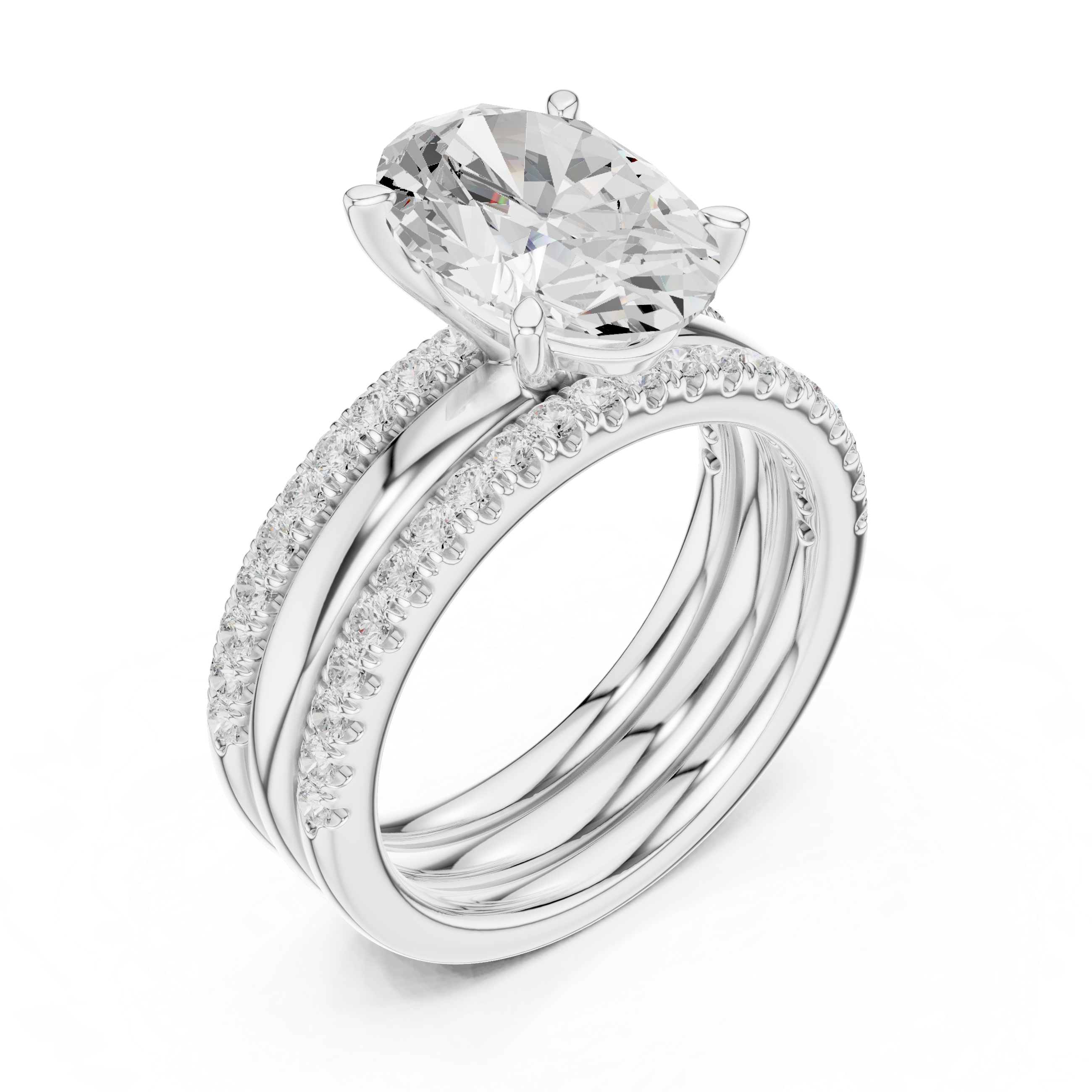 Oval Cut Diamond Bridal Ring Set with Double Pavé Bands