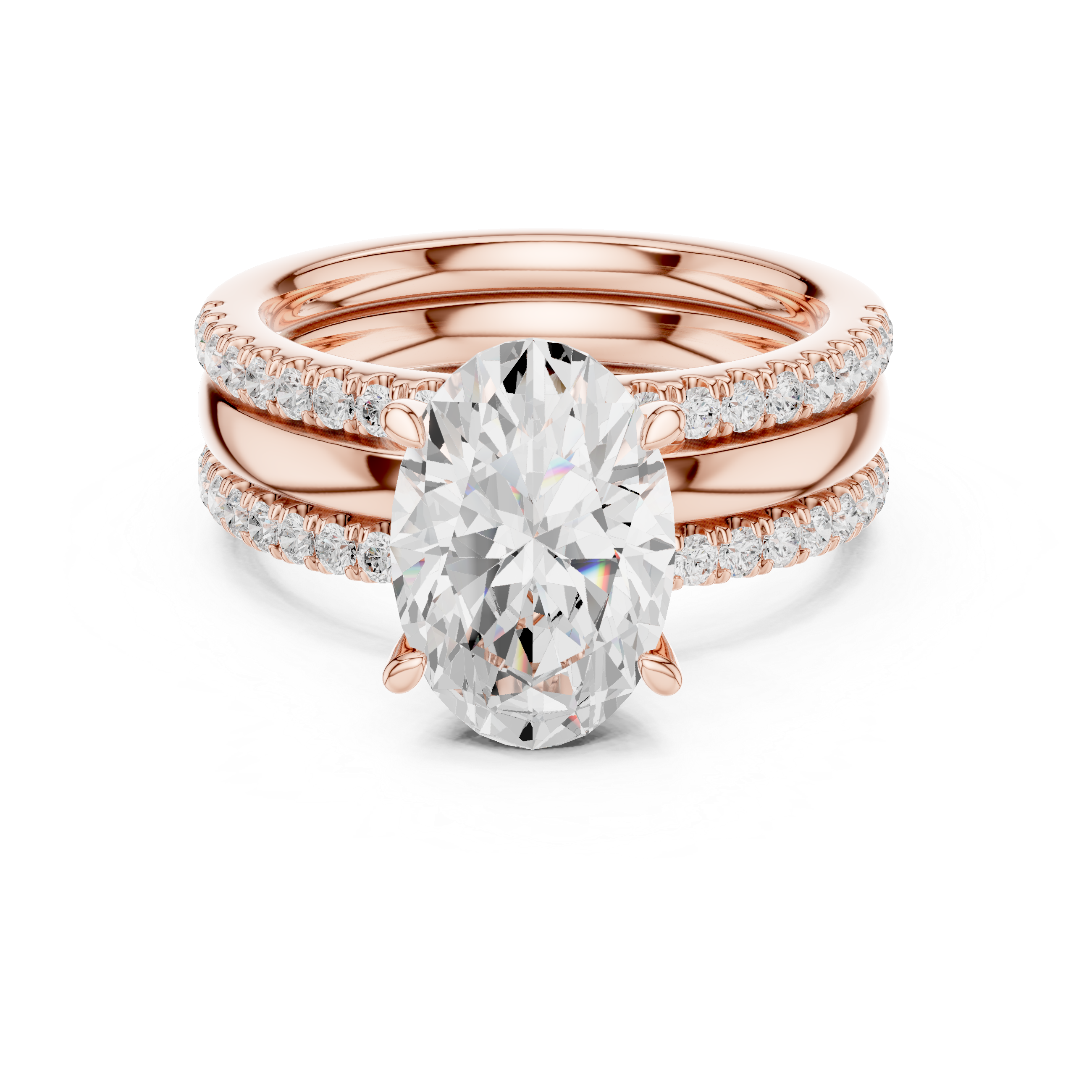 Oval Cut Diamond Bridal Ring Set with Double Pavé Bands