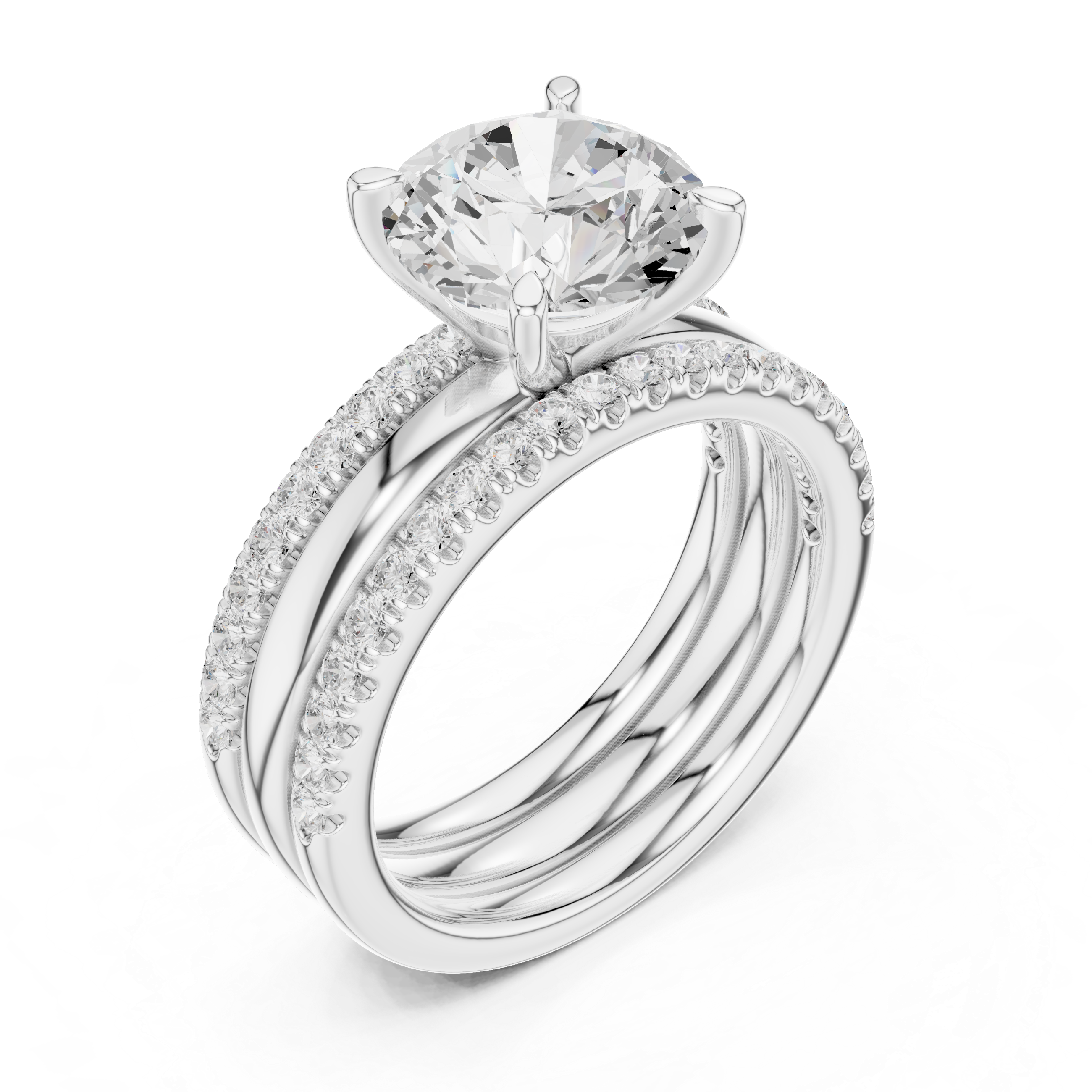 Round Brilliant Diamond Bridal Ring Set with Double Pavé Bands