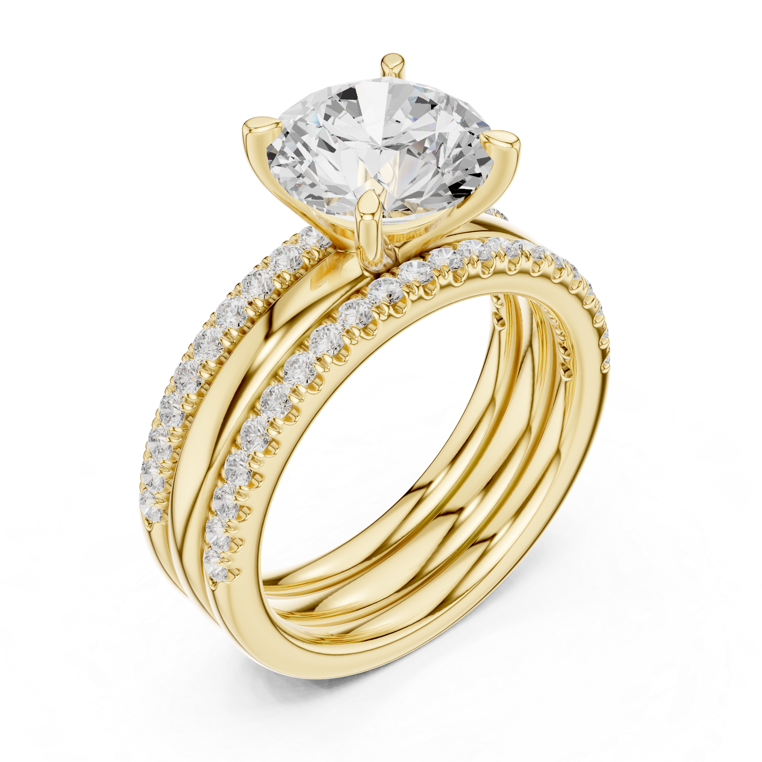 Round Brilliant Diamond Bridal Ring Set with Double Pavé Bands