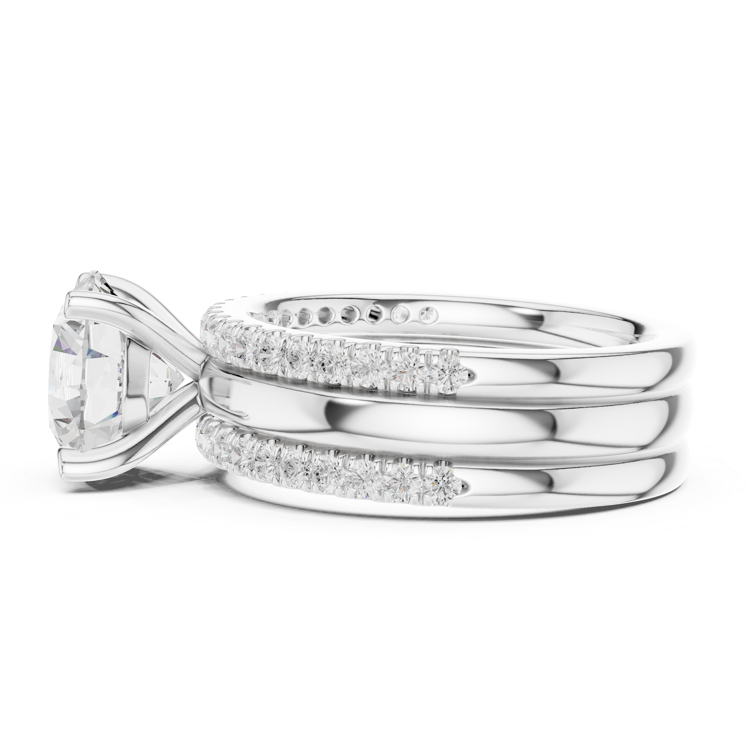 Round Brilliant Diamond Bridal Ring Set with Double Pavé Wedding Bands