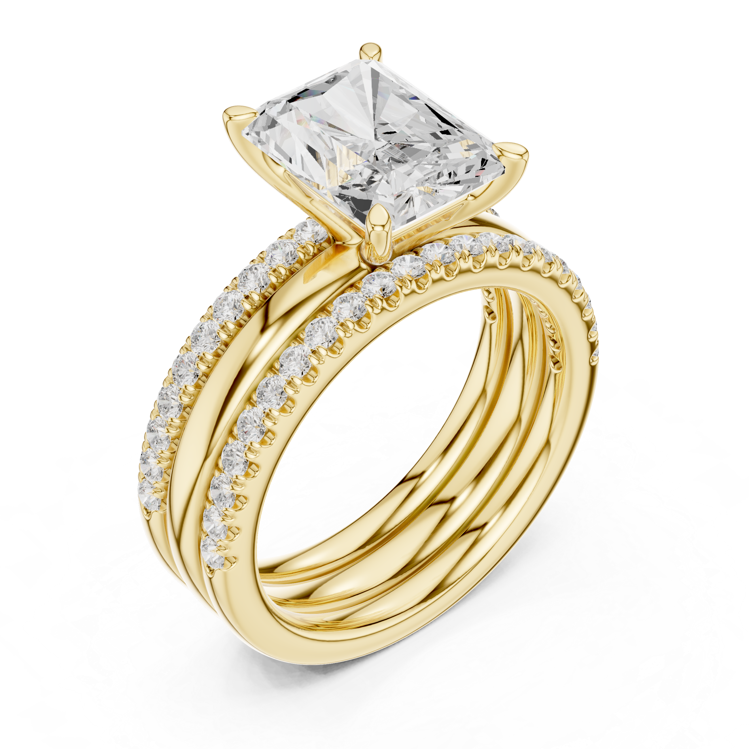 Radiant Cut Diamond Bridal Ring Set with Double Pavé Bands