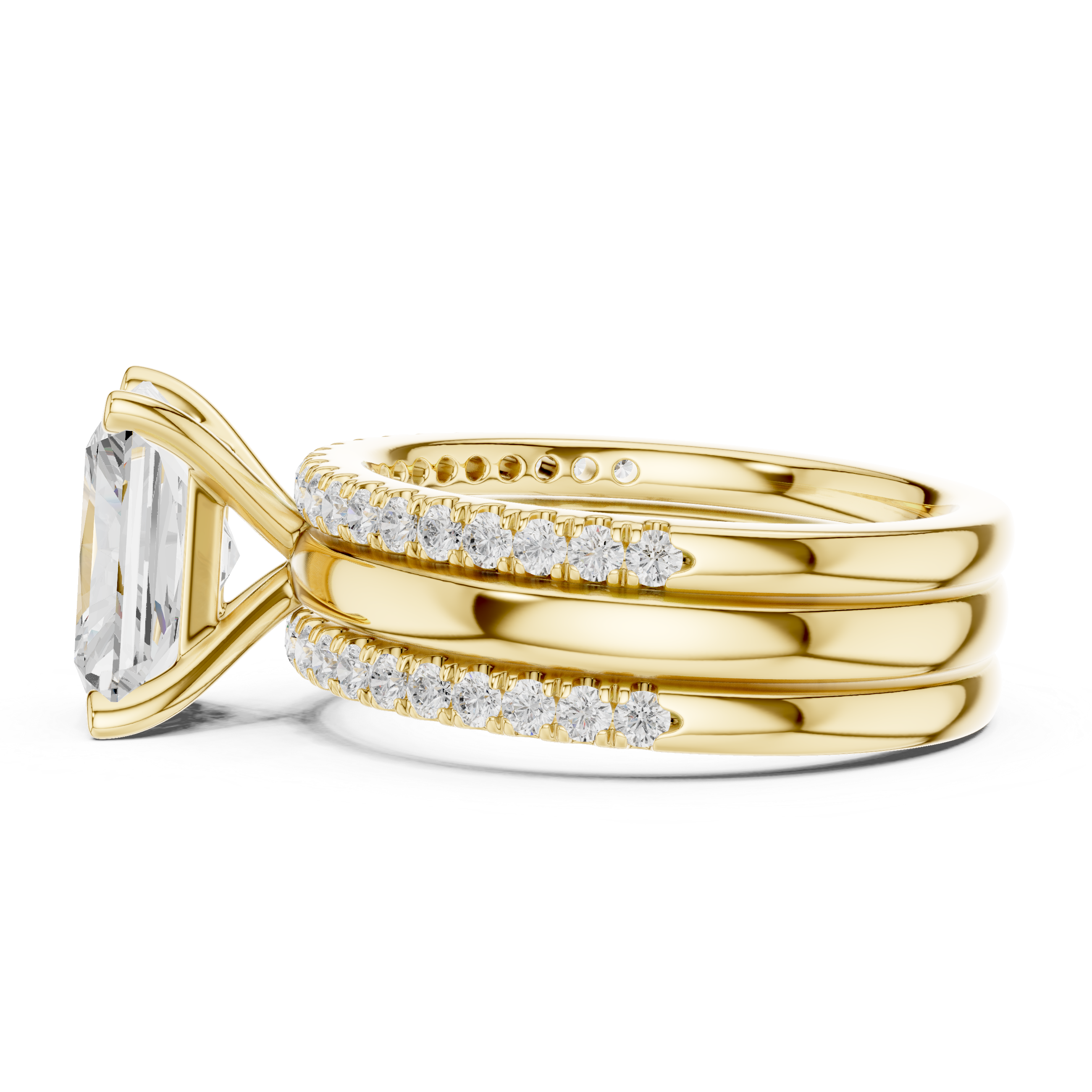 Radiant Cut Diamond Bridal Ring Set with Double Pavé Bands