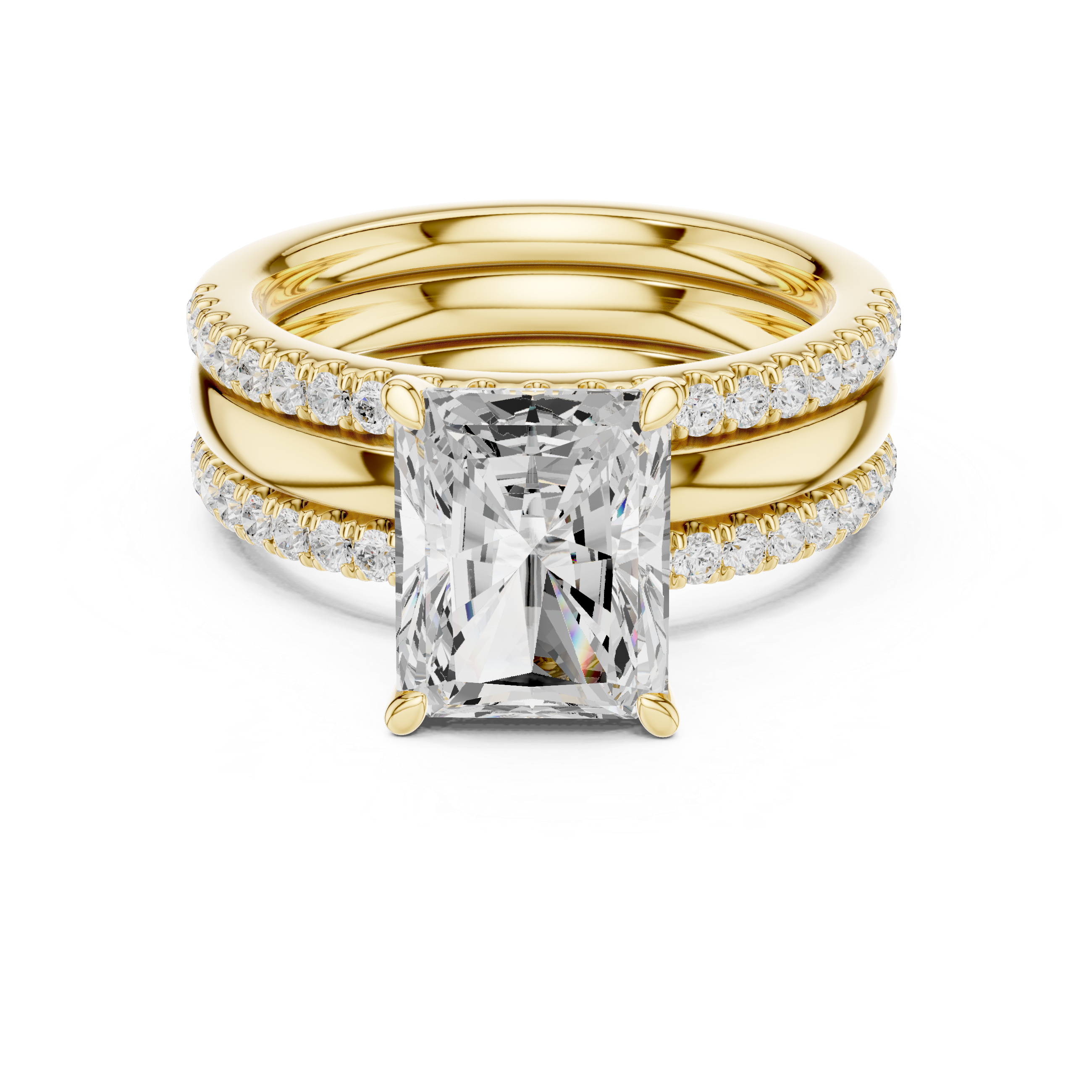 Radiant Cut Diamond Bridal Ring Set with Double Pavé Bands