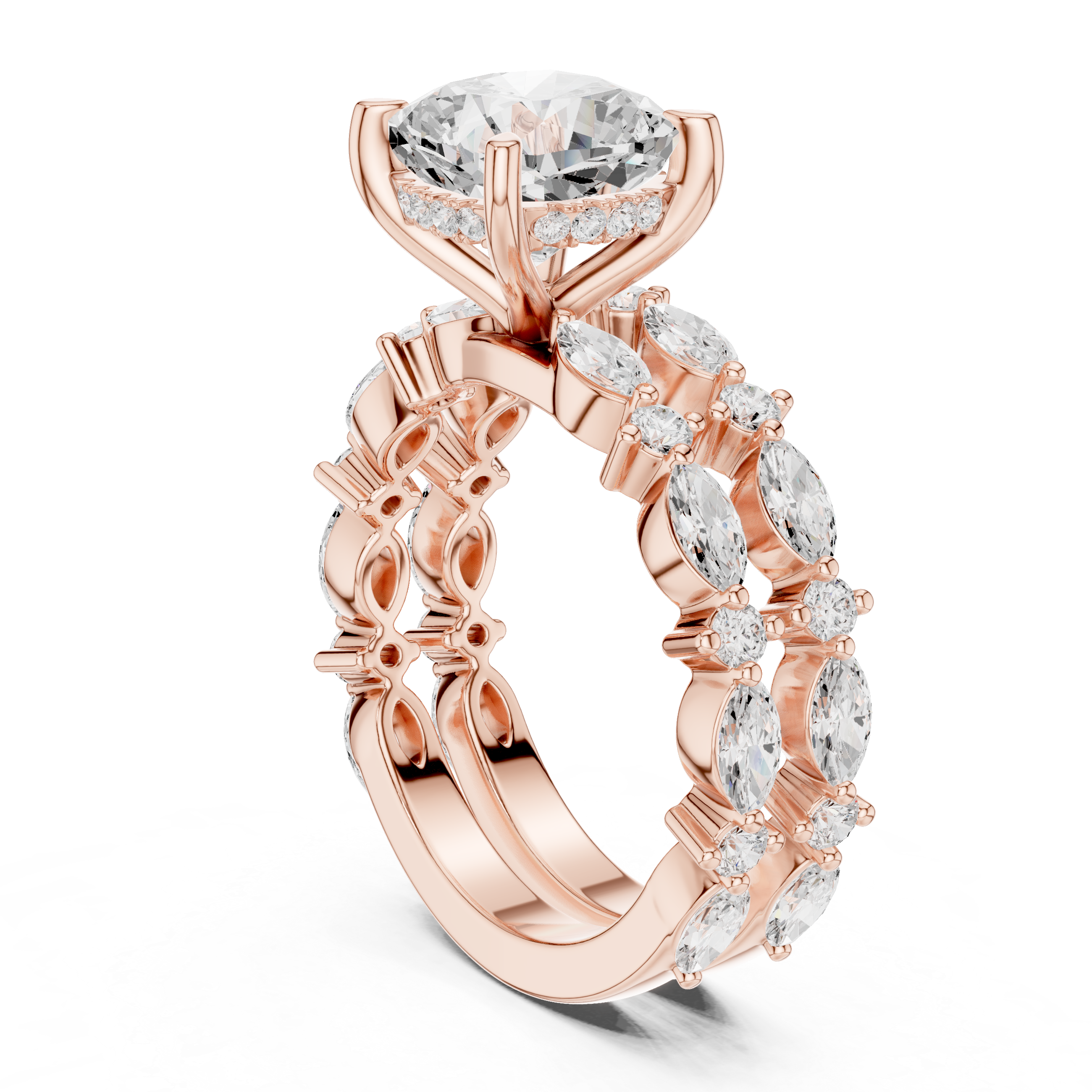 Cushion Cut Diamond Bridal Ring Set with Marquise Diamond Enhancer Bands