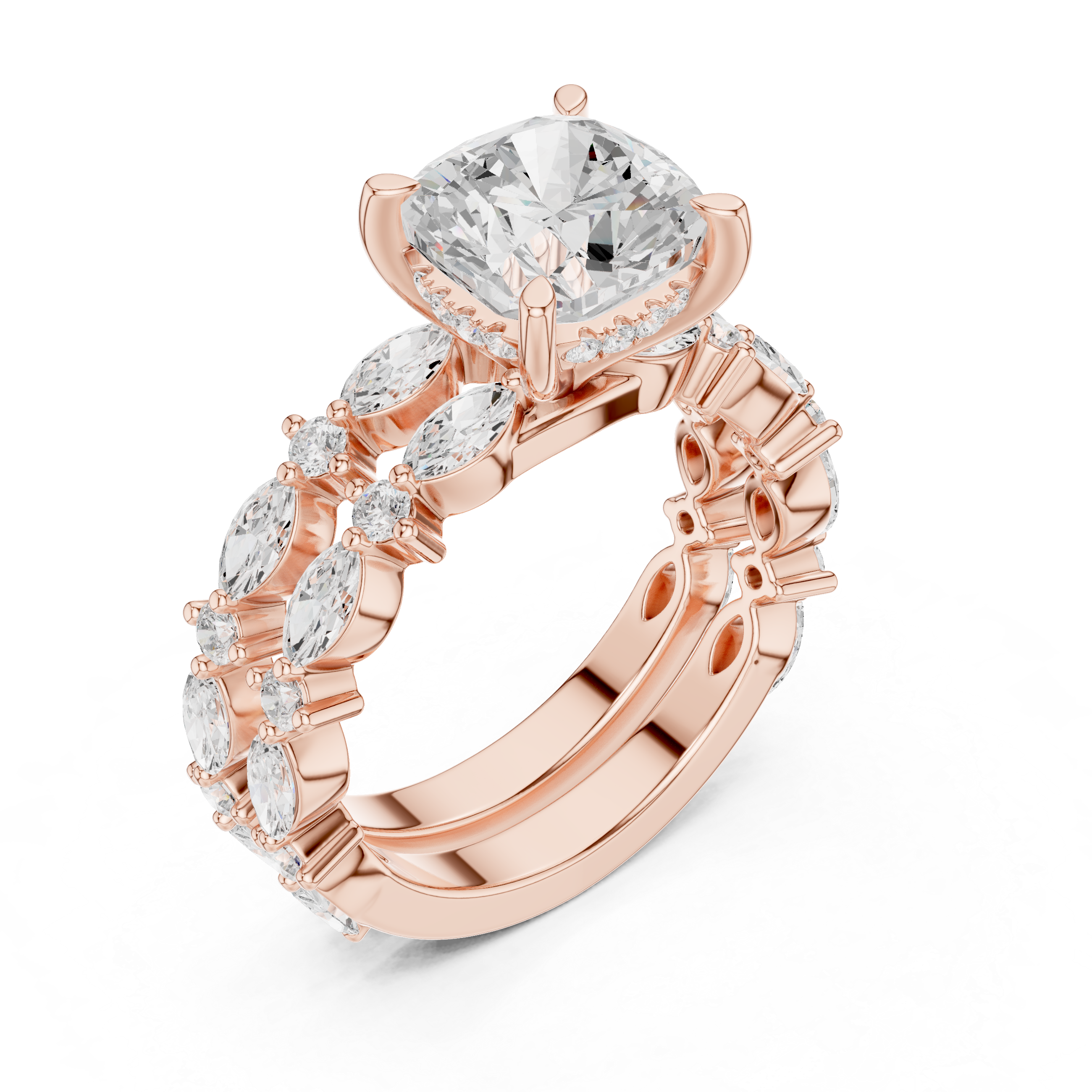 Vintage Marquise Diamond Bridal Set with Cushion Cut Engagement Ring and Double Marquise Wedding Bands