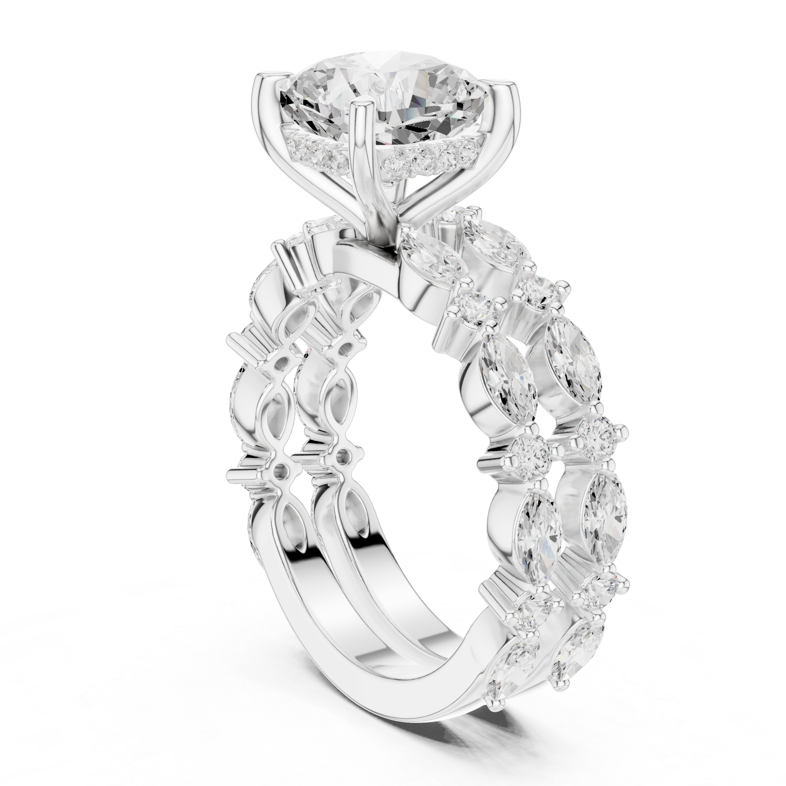 Vintage Marquise Diamond Bridal Set with Cushion Cut Engagement Ring and Double Marquise Wedding Bands