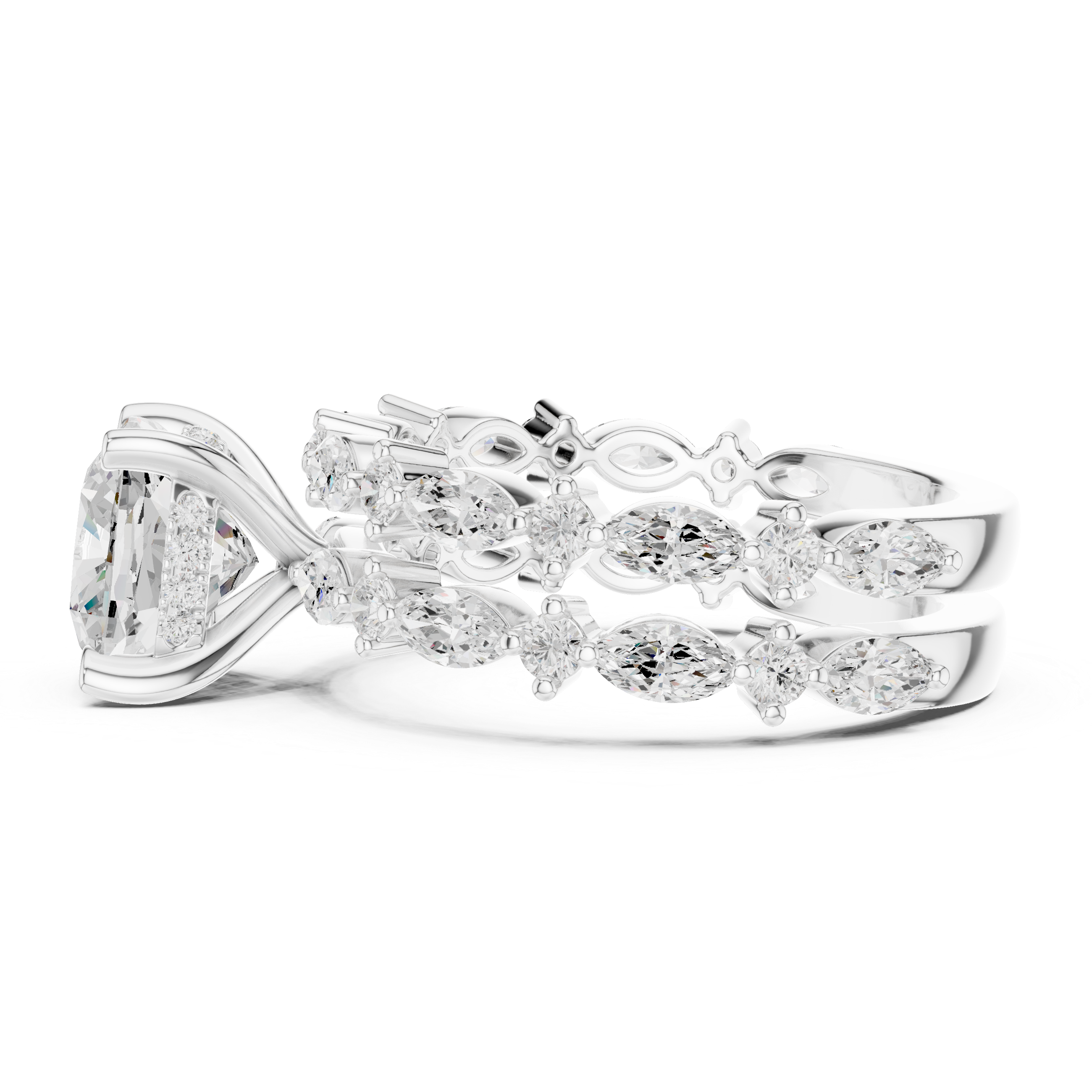 Cushion Cut Diamond Bridal Ring Set with Marquise Diamond Enhancer Bands