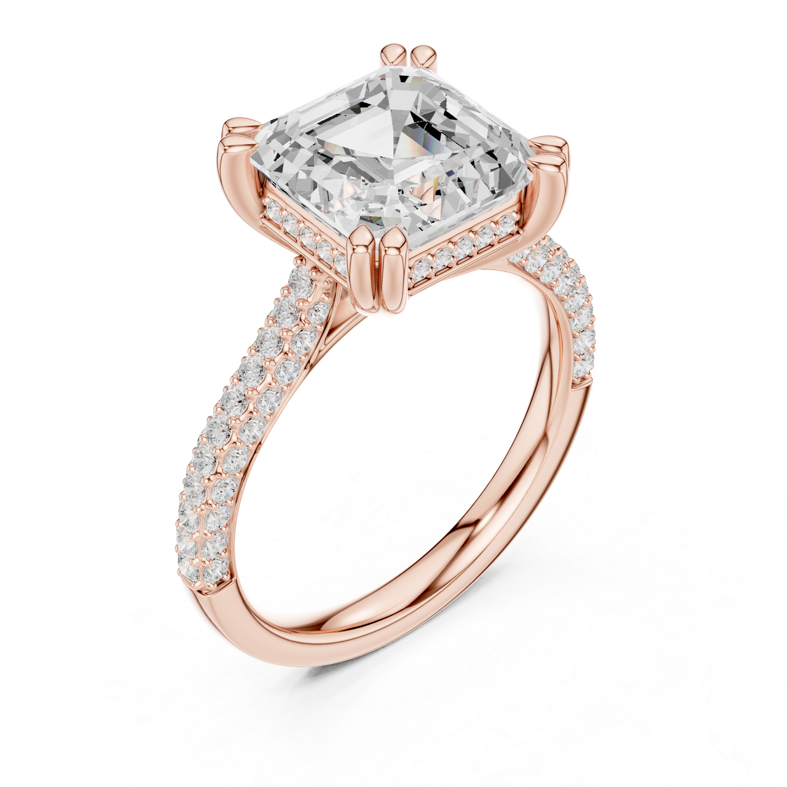 Asscher Cut Hidden Halo Engagement Ring with Split Shank Pavé Diamond Band