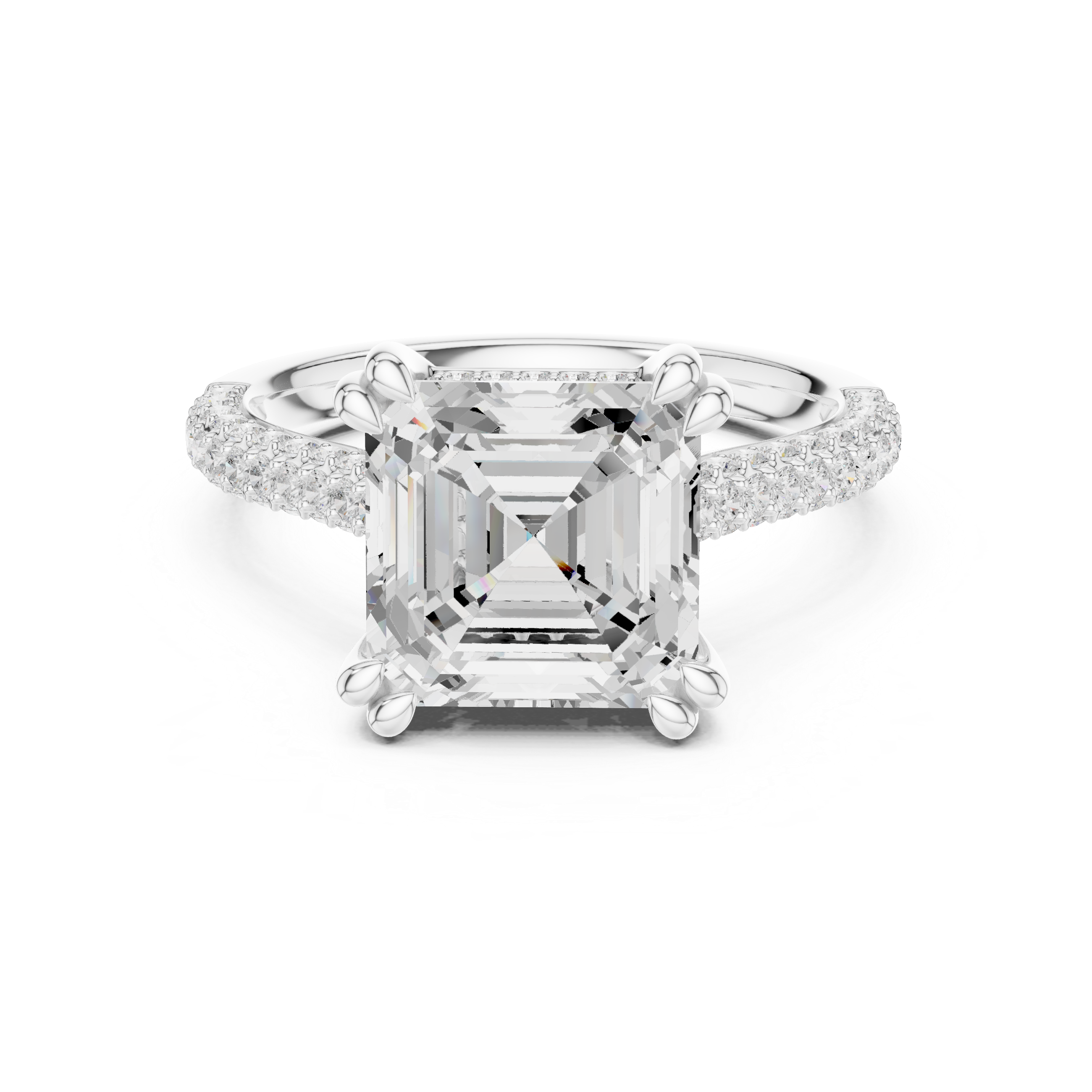 Asscher Cut Hidden Halo Engagement Ring with Split Shank Pavé Diamond Band