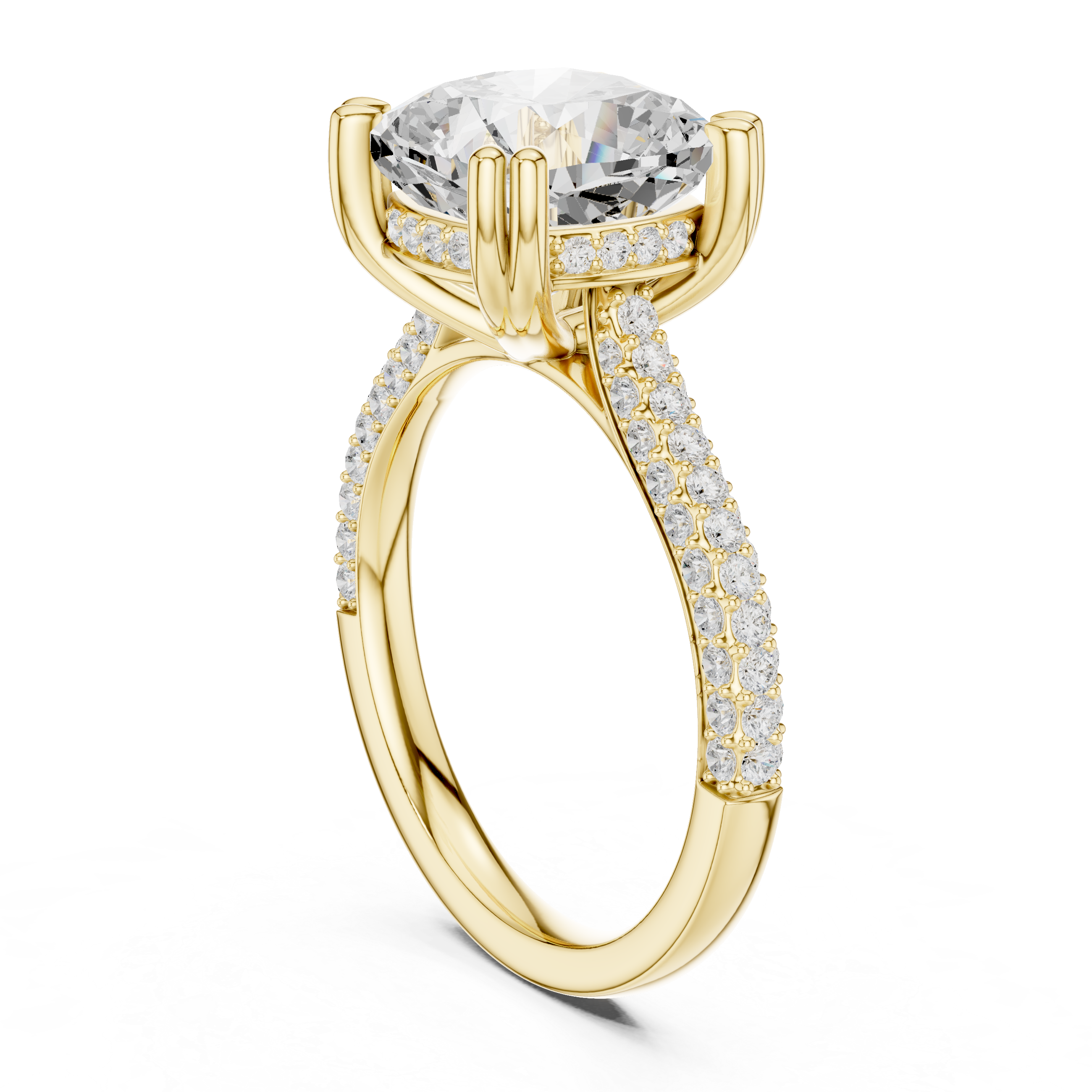 Cushion Cut Hidden Halo Engagement Ring with Split Shank Pavé Diamond Band