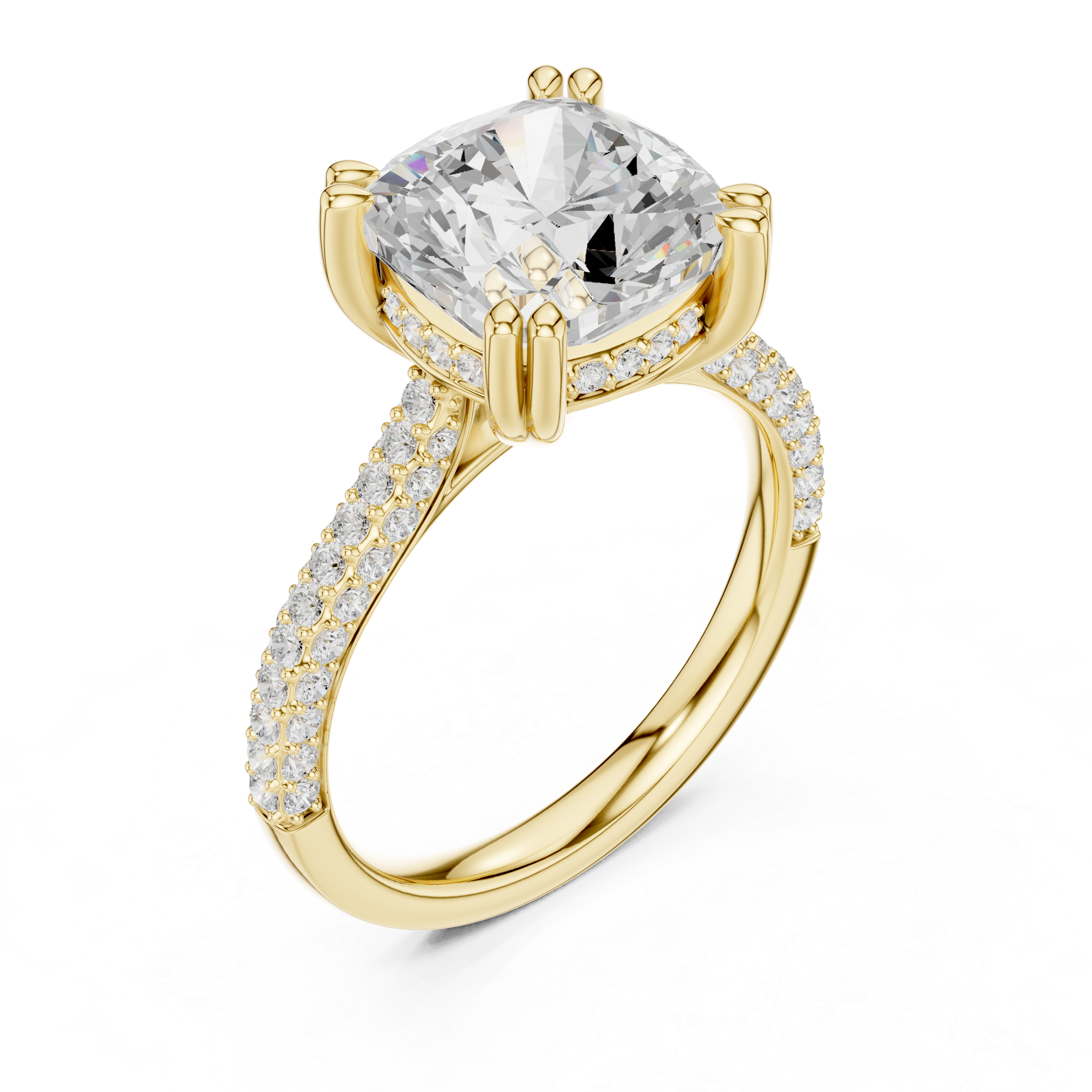 Cushion Cut Hidden Halo Engagement Ring with Split Shank Pavé Diamond Band