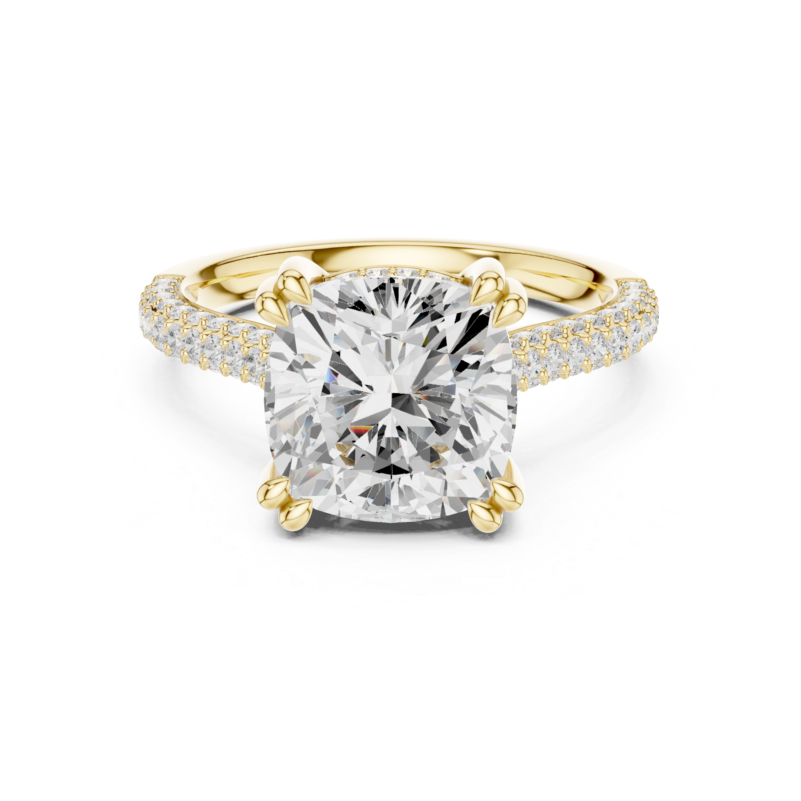 Cushion Cut Hidden Halo Engagement Ring with Split Shank Pavé Diamond Band