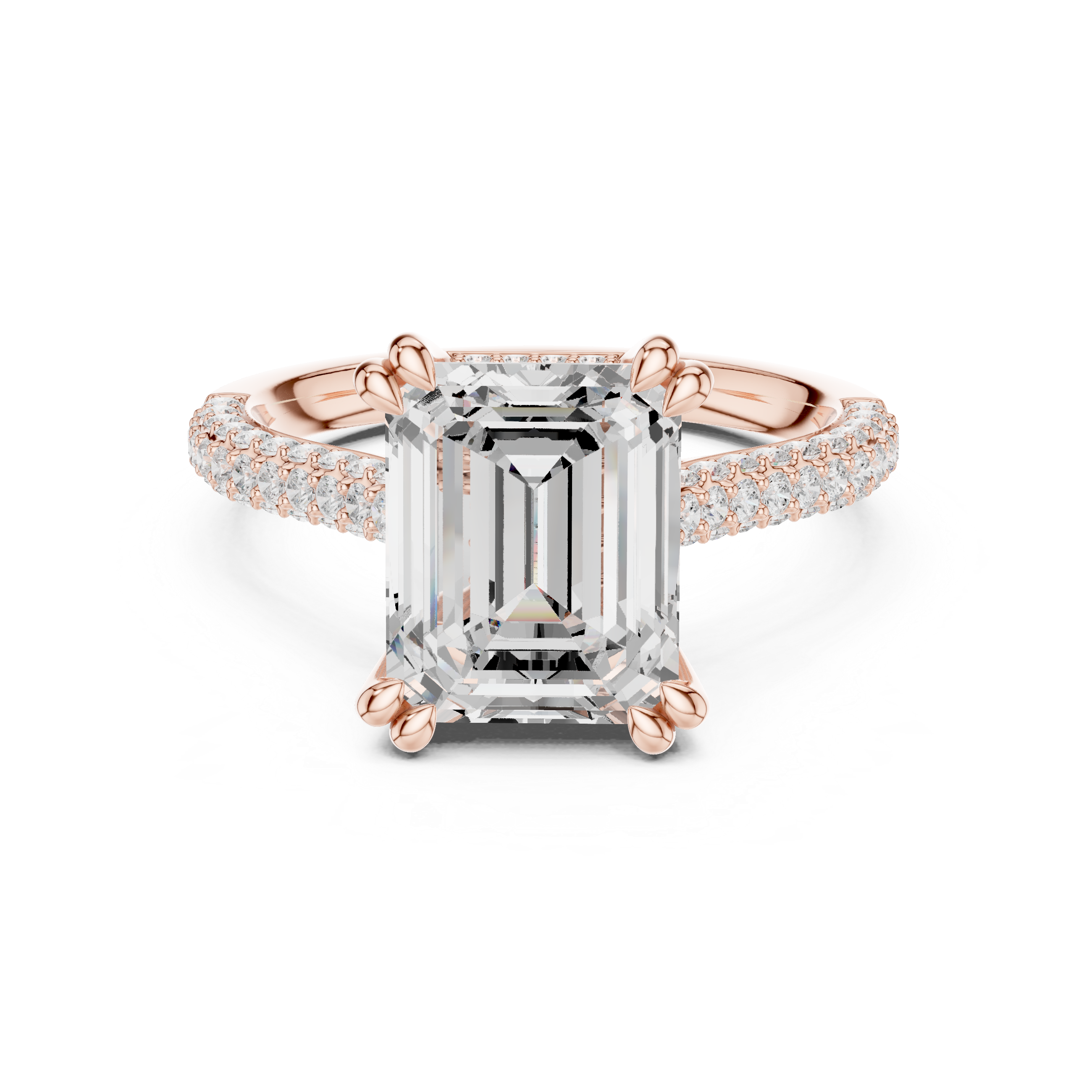 Emerald Cut Hidden Halo Engagement Ring with Split Shank Pavé Diamond Band