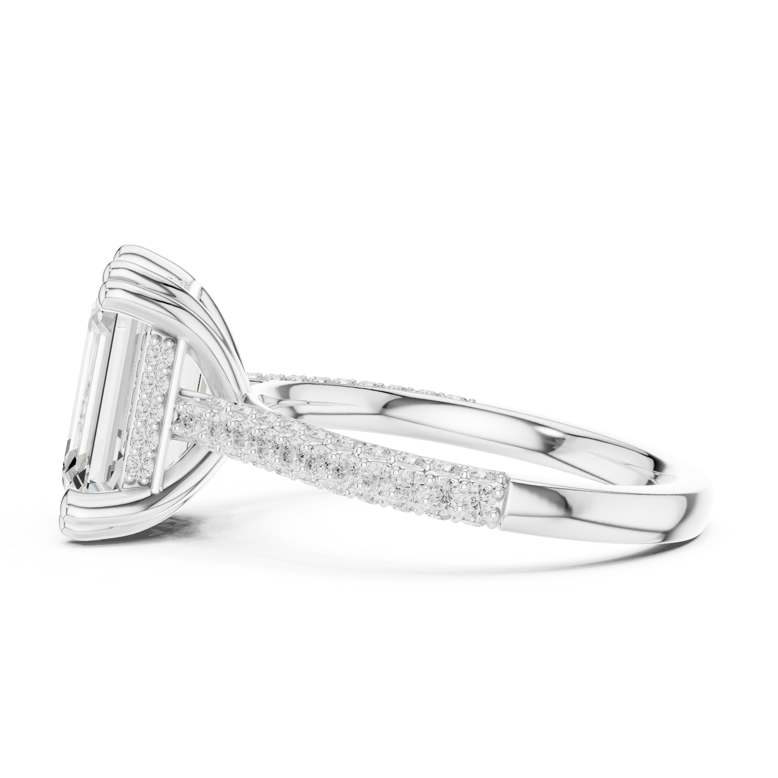 Emerald Cut Hidden Halo Engagement Ring with Split Shank Pavé Diamond Band
