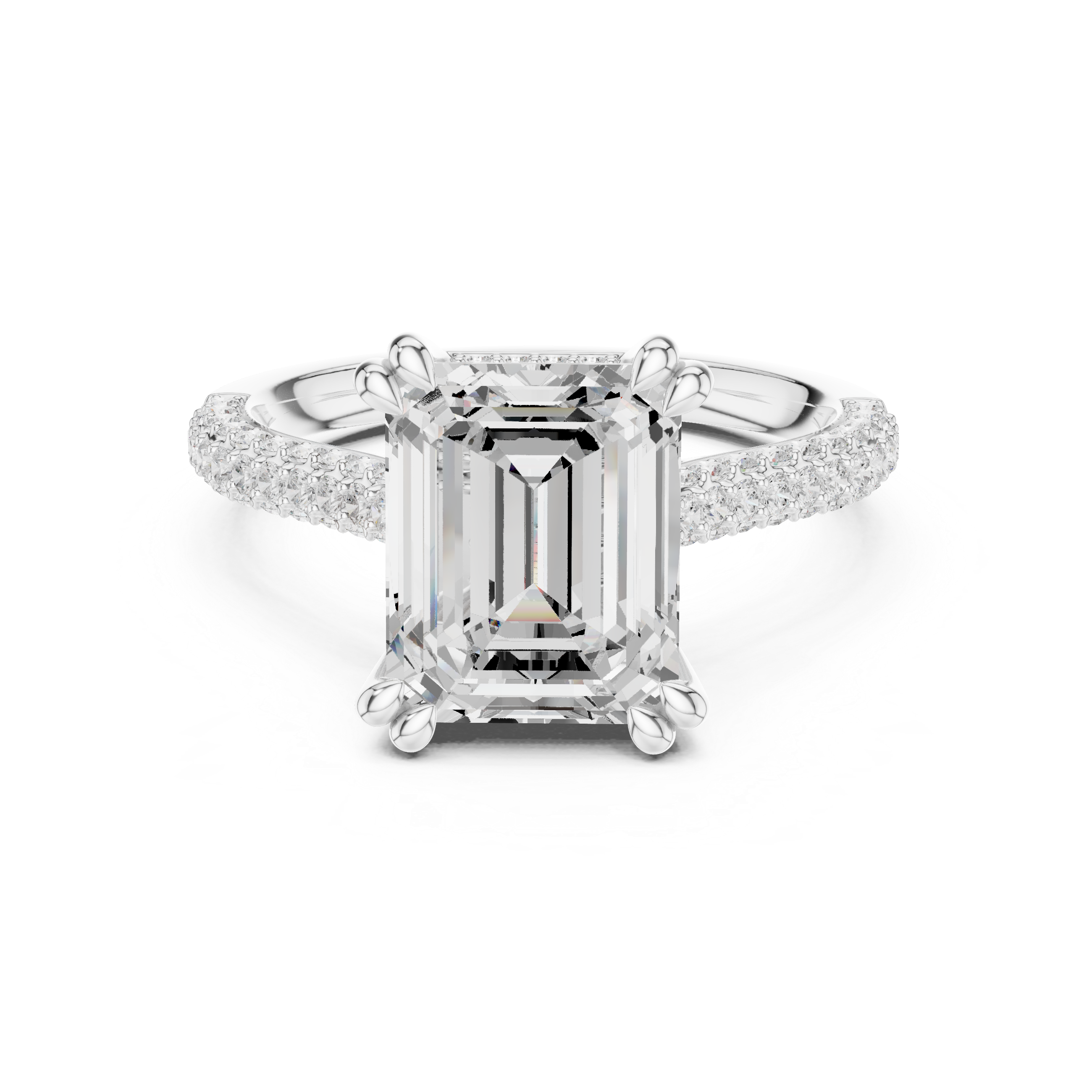 Emerald Cut Hidden Halo Engagement Ring with Split Shank Pavé Diamond Band