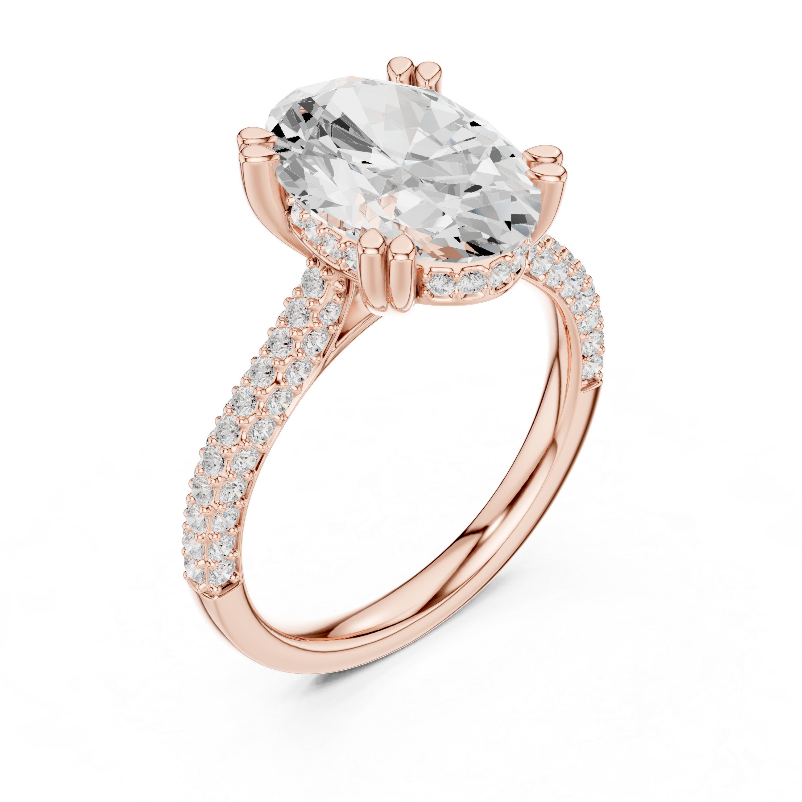Oval Cut Hidden Halo Engagement Ring with Split Shank Pavé Diamond Band