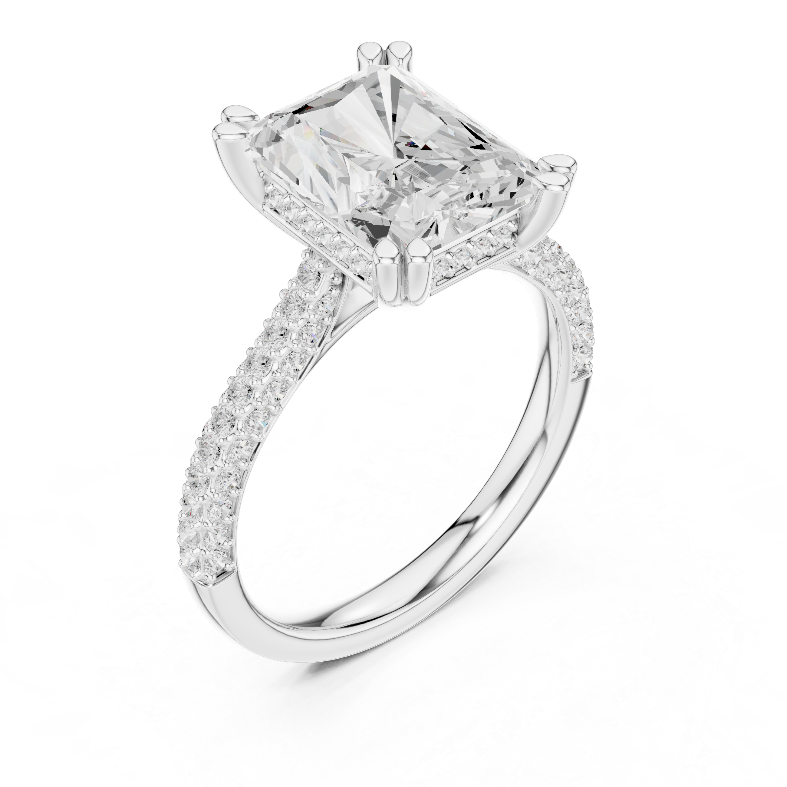 Radiant Cut Solitaire Engagement Ring with Split Shank Pavé Diamond Band
