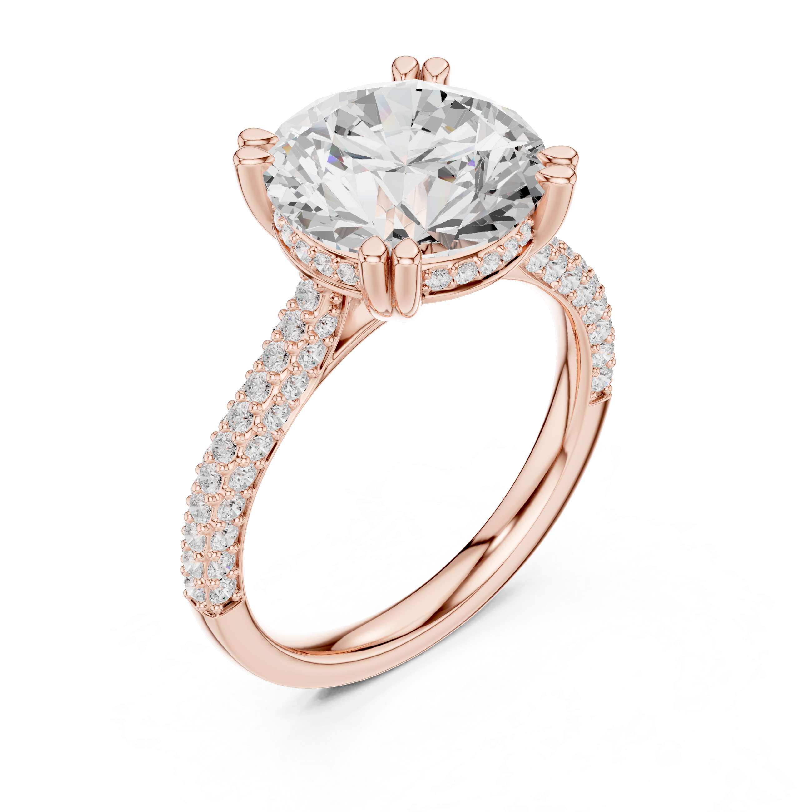 Round Brilliant Cut Solitaire Engagement Ring with Double Pavé Cathedral Band