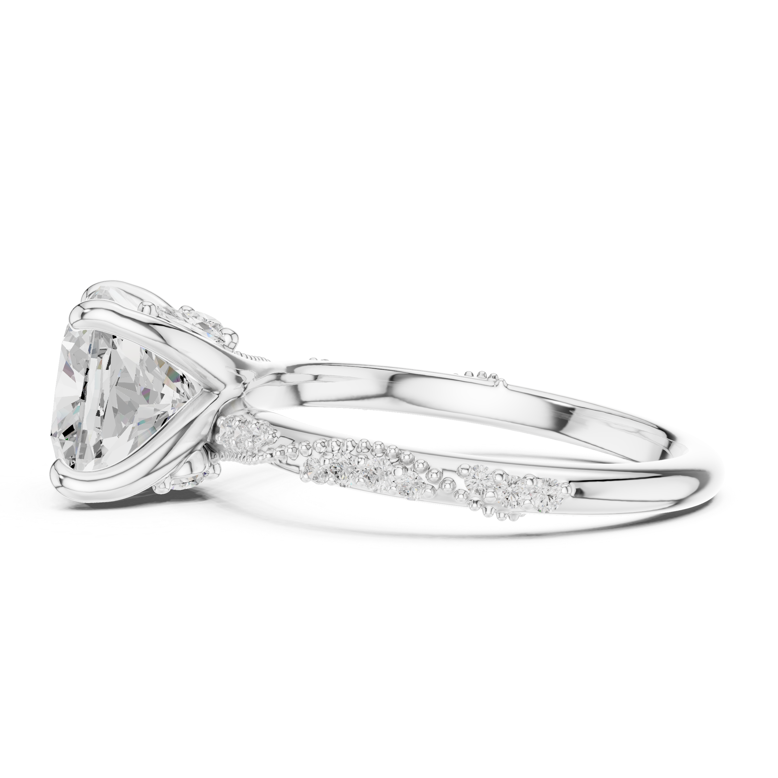 Cushion Cut Solitaire Engagement Ring with Twisted Pavé Band and Hidden Marquise Diamond Accents