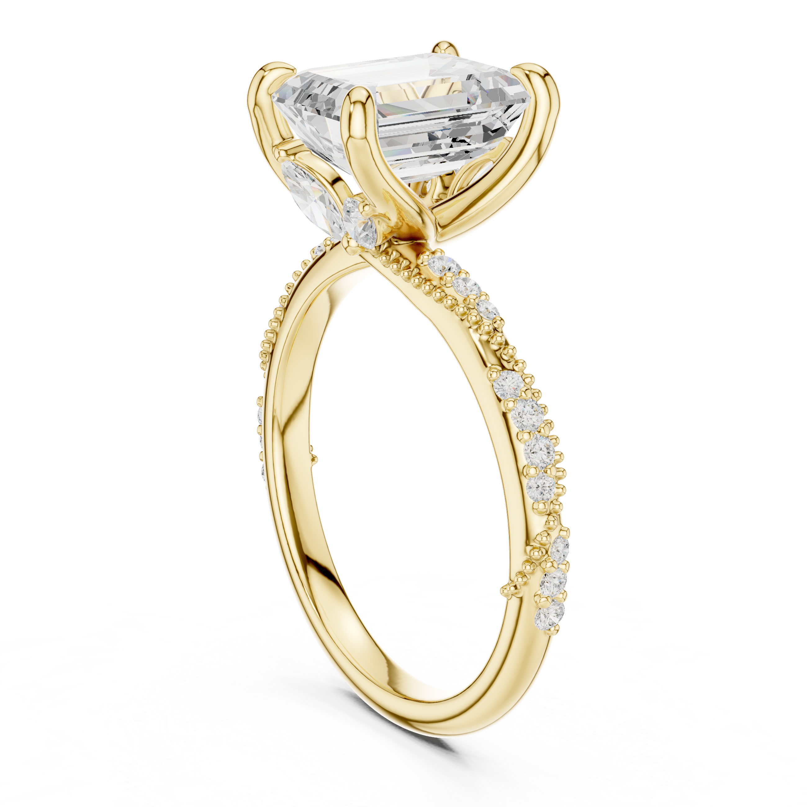 Emerald Cut Solitaire Engagement Ring with Twisted Pavé Band and Hidden Marquise Diamond Accents