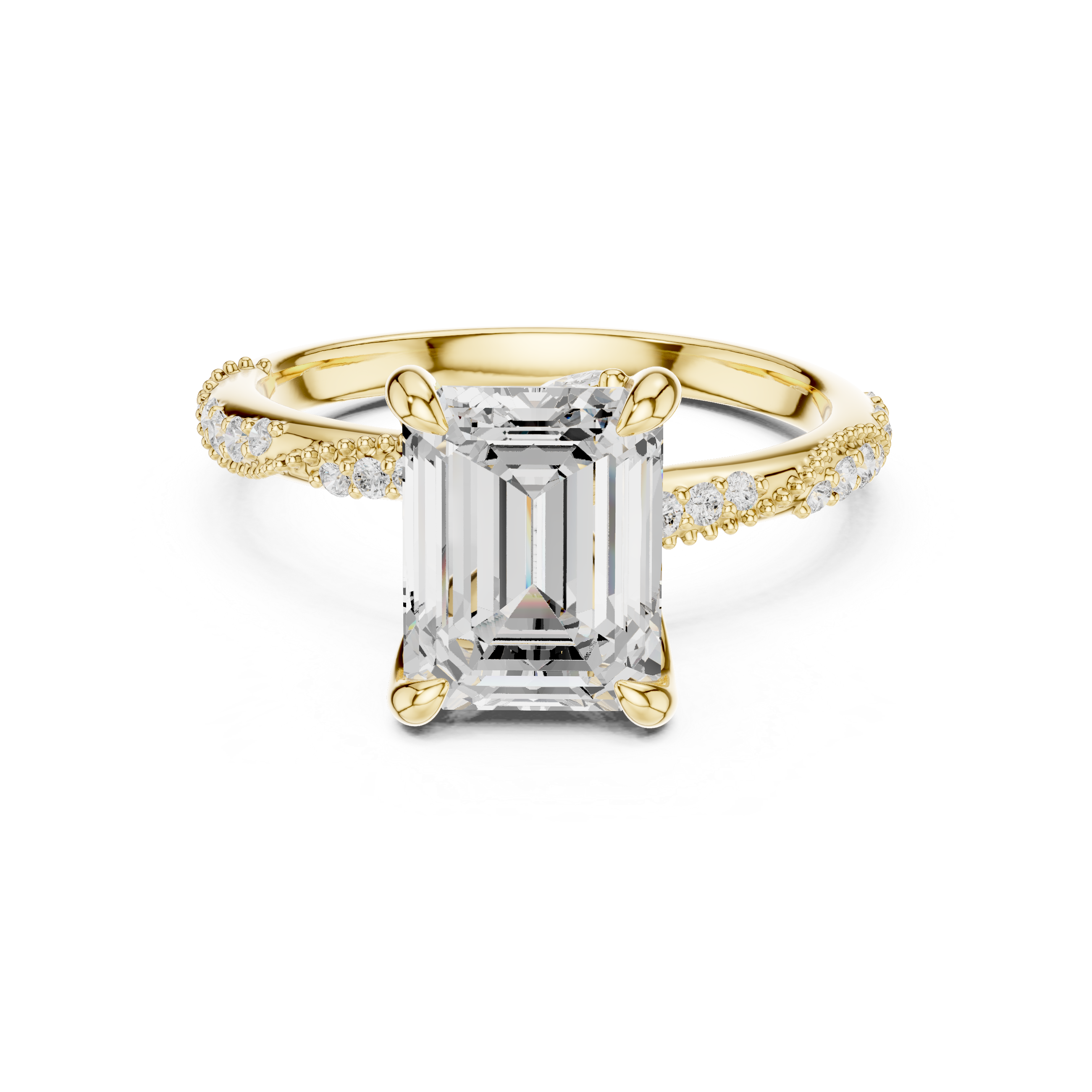 Emerald Cut Solitaire Engagement Ring with Twisted Pavé Band and Hidden Marquise Diamond Accents