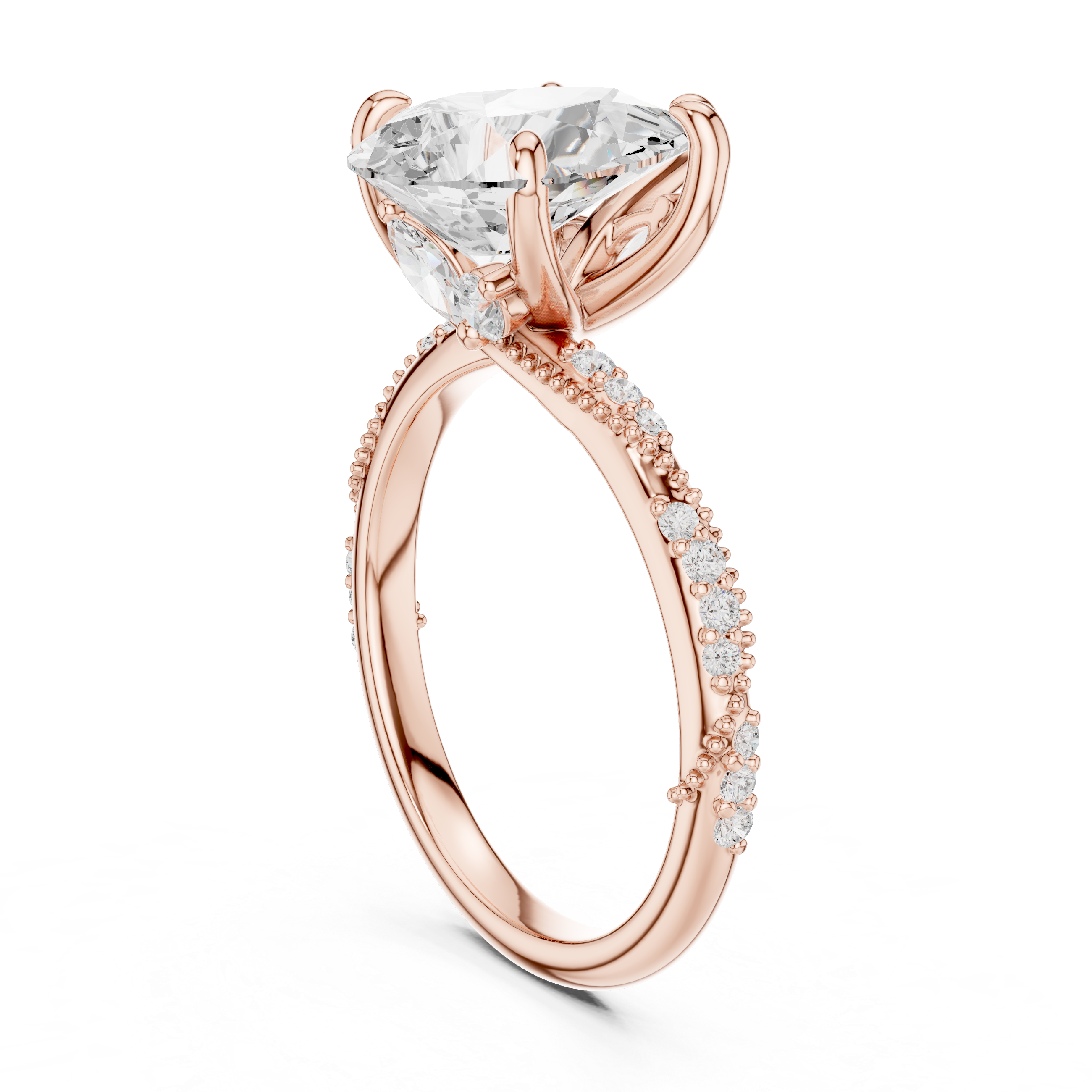 Pear Solitaire Engagement Ring with Twisted Pavé Band and Hidden Marquise Diamond Accents