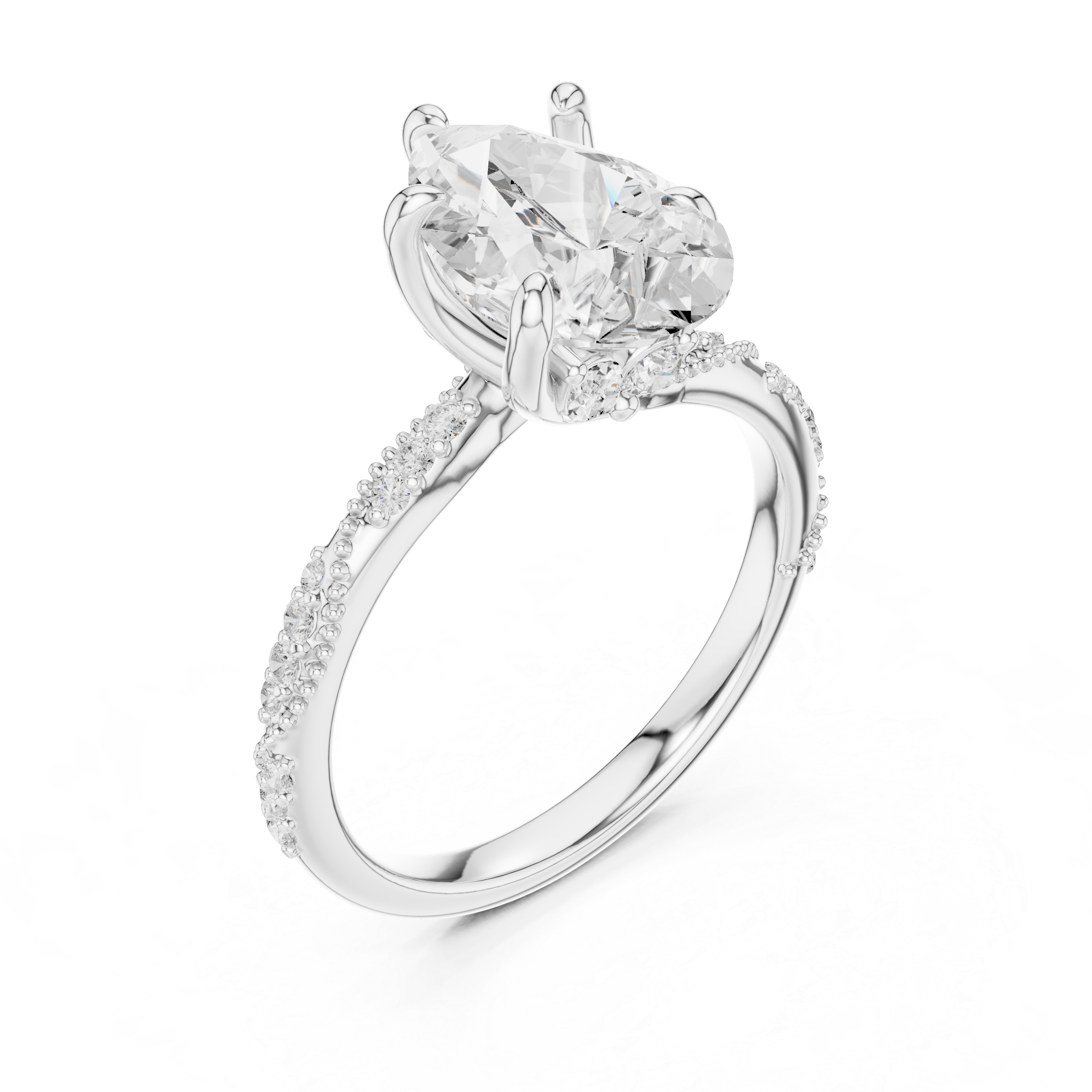 Pear Solitaire Engagement Ring with Twisted Pavé Band and Hidden Marquise Diamond Accents
