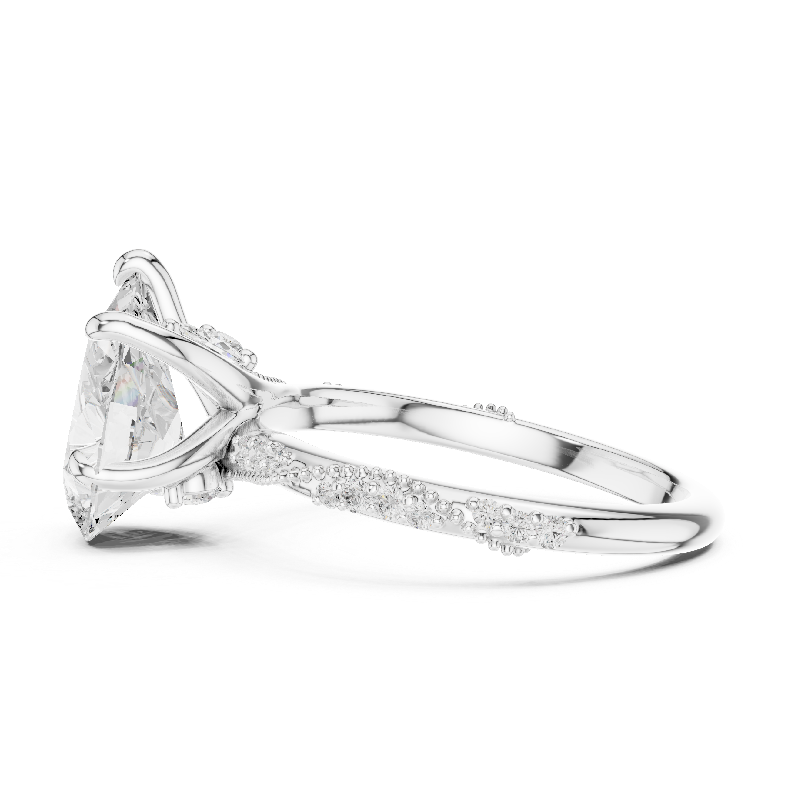 Pear Solitaire Engagement Ring with Twisted Pavé Band and Hidden Marquise Diamond Accents
