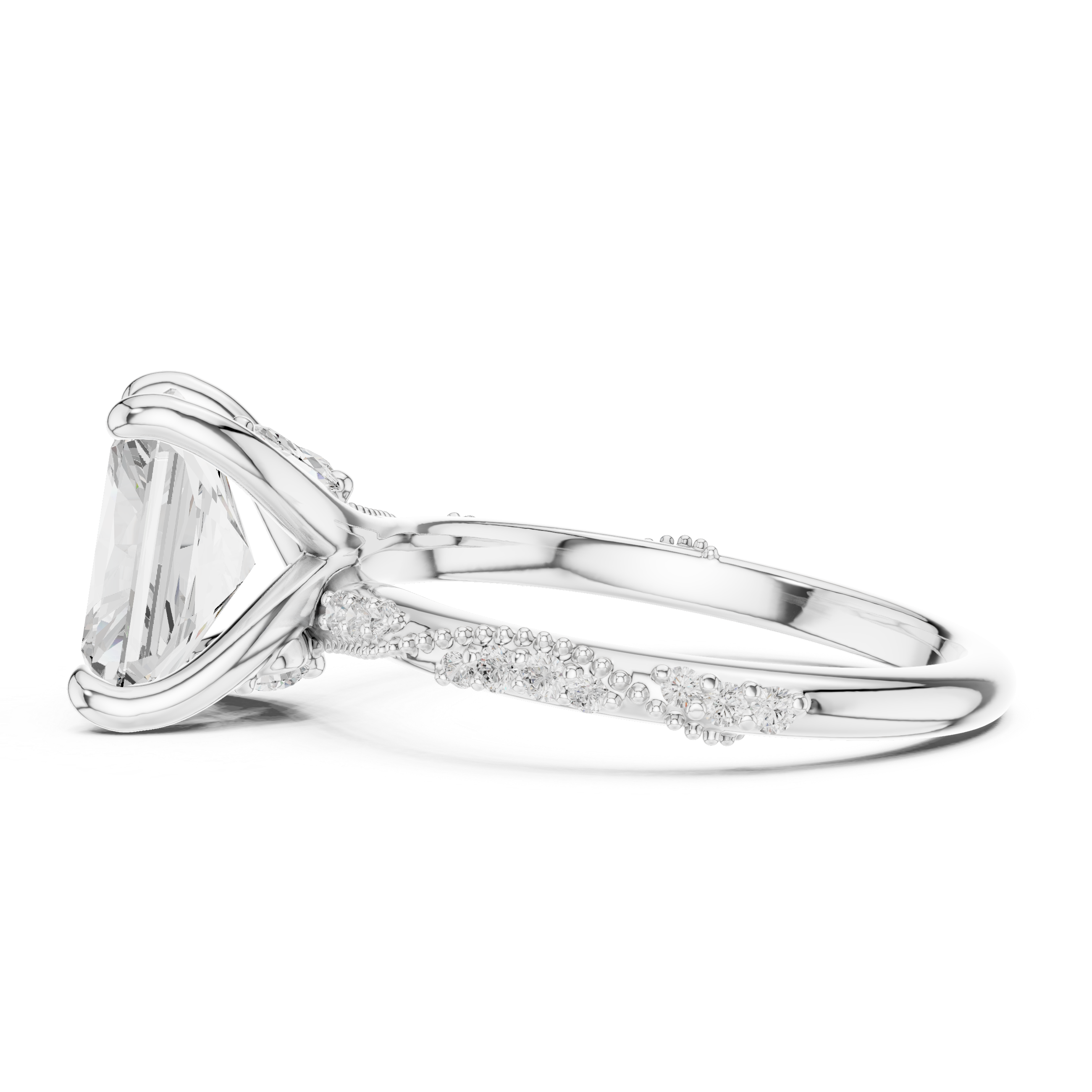 Radiant Cut Solitaire Engagement Ring with Twisted Pavé Band and Hidden Marquise Accents